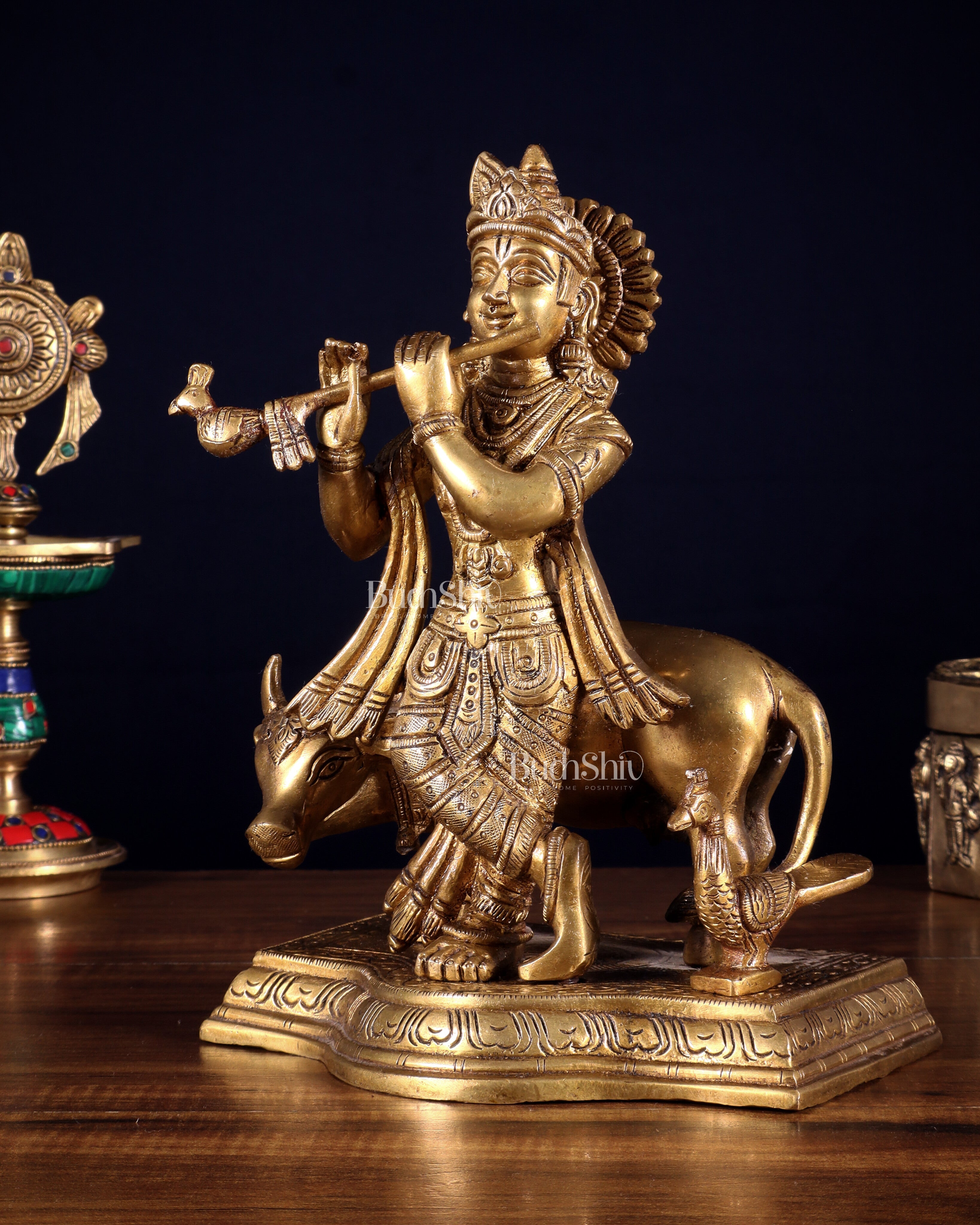 Brass Lord Krishna with Cow Statue Idol Murti 8 inch