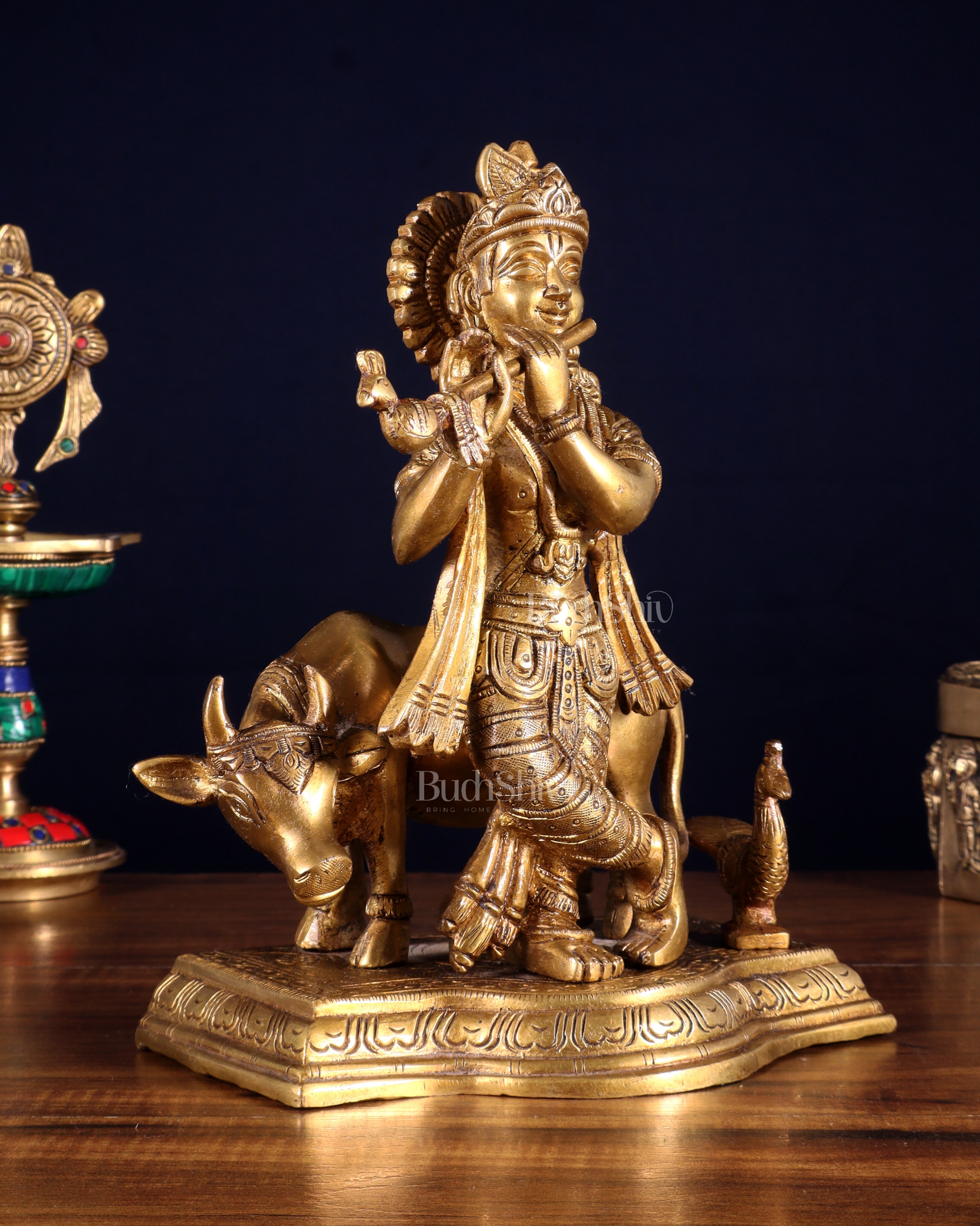 Brass Lord Krishna with Cow Statue Idol Murti 8 inch