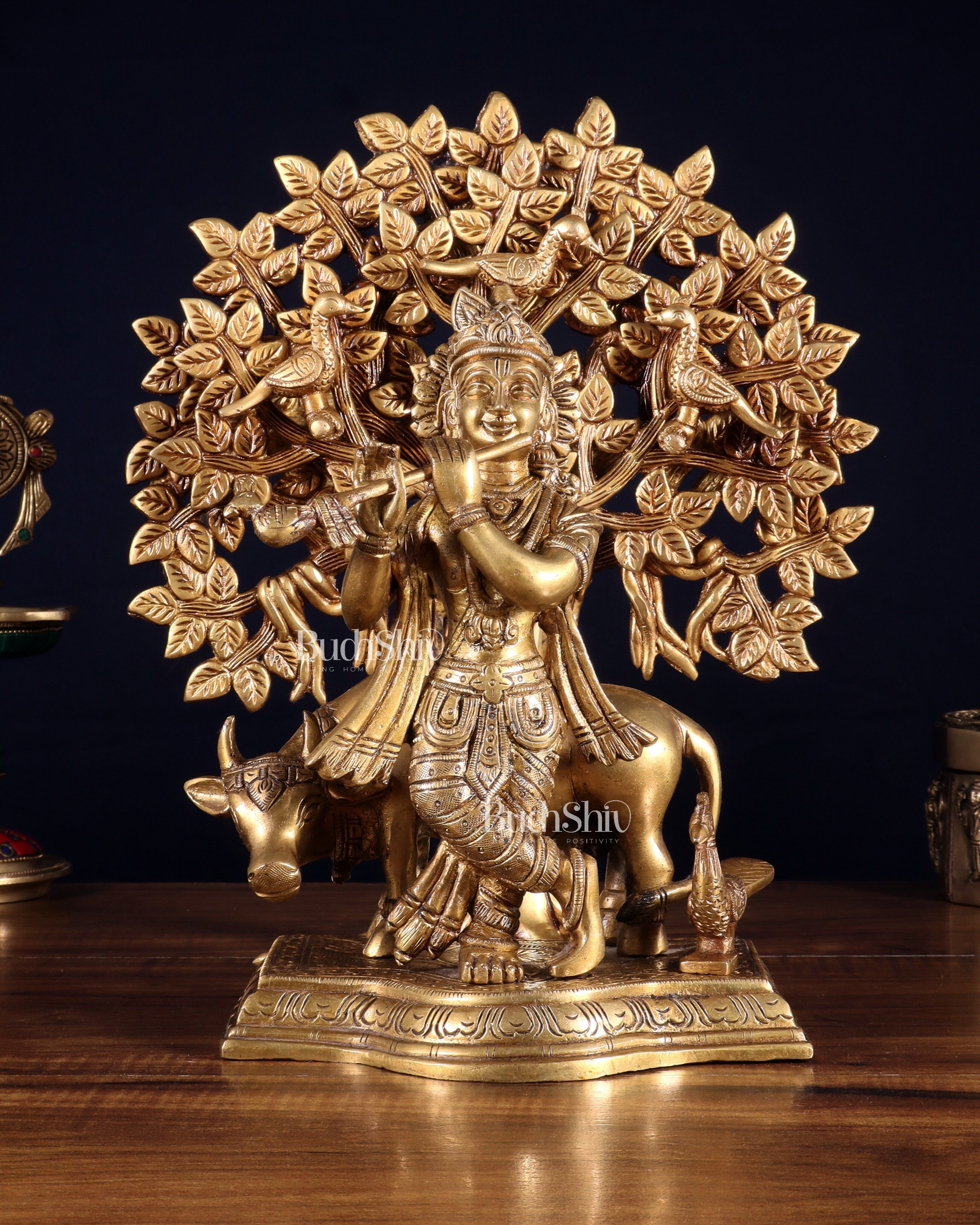 Pure Brass Lord Krishna with Cow & Kalpavriksha Tree Statue 12 inch
