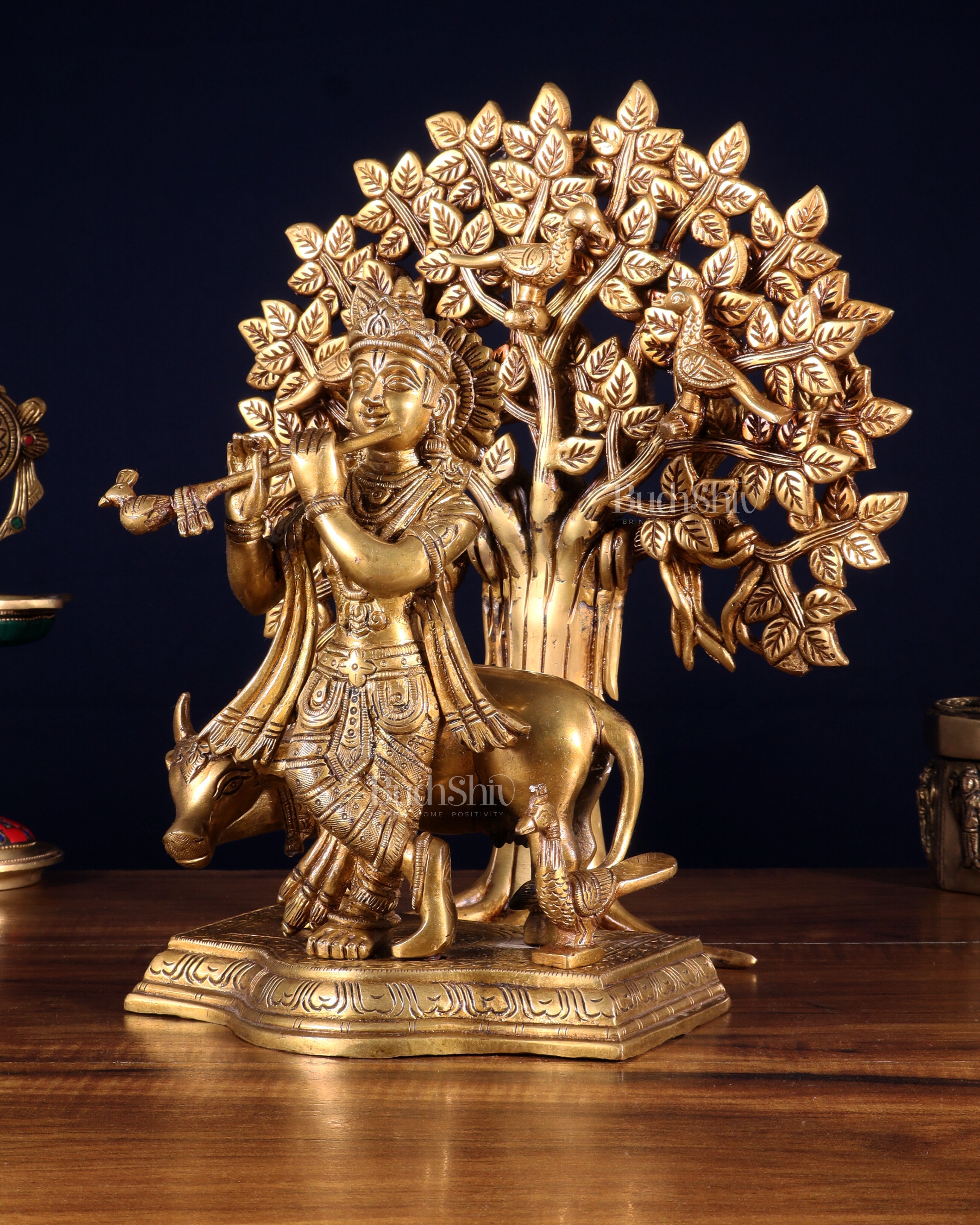 Pure Brass Lord Krishna with Cow & Kalpavriksha Tree Statue 12 inch
