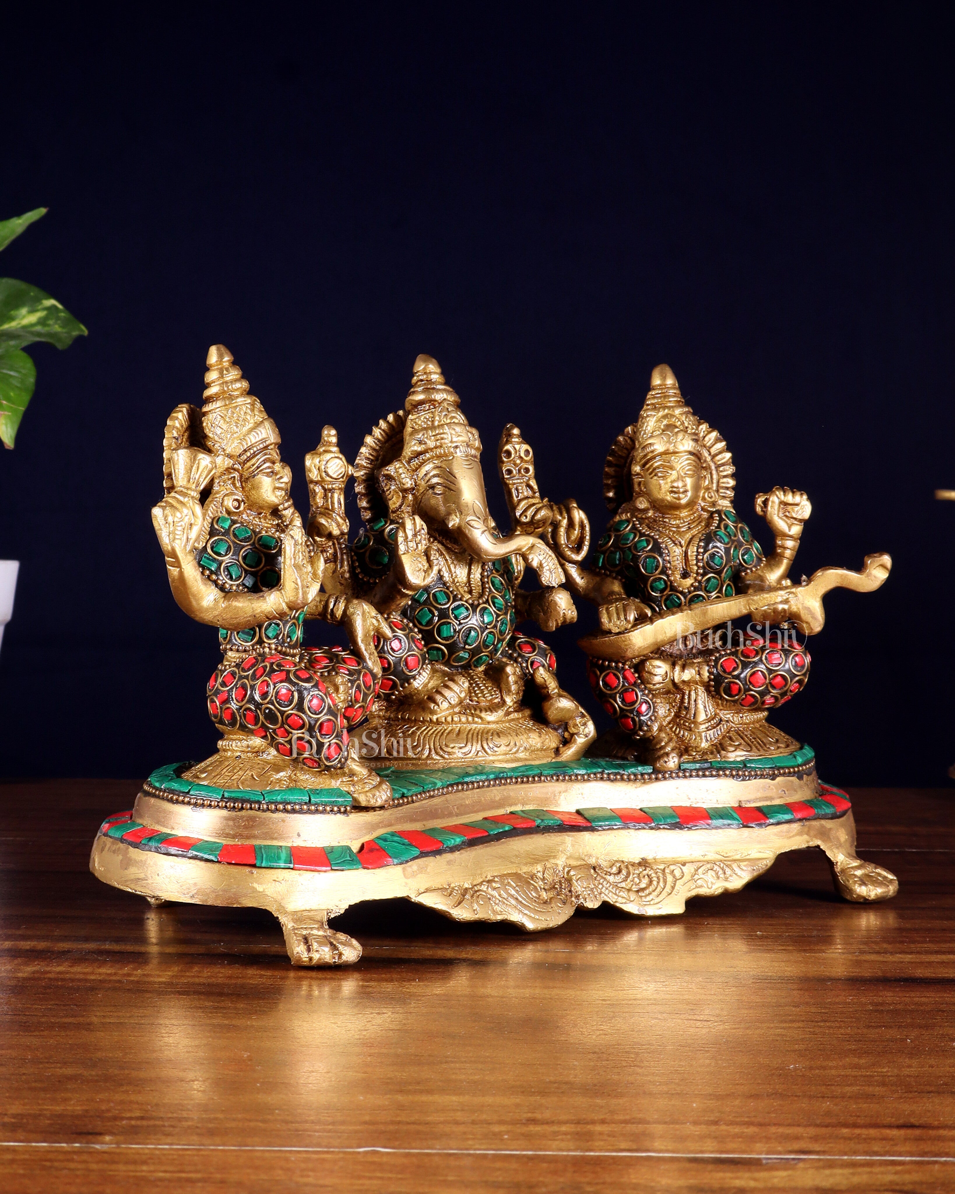 Ganesha Lakshmi Saraswati Brass Idols with meenakari stonework 6.5"