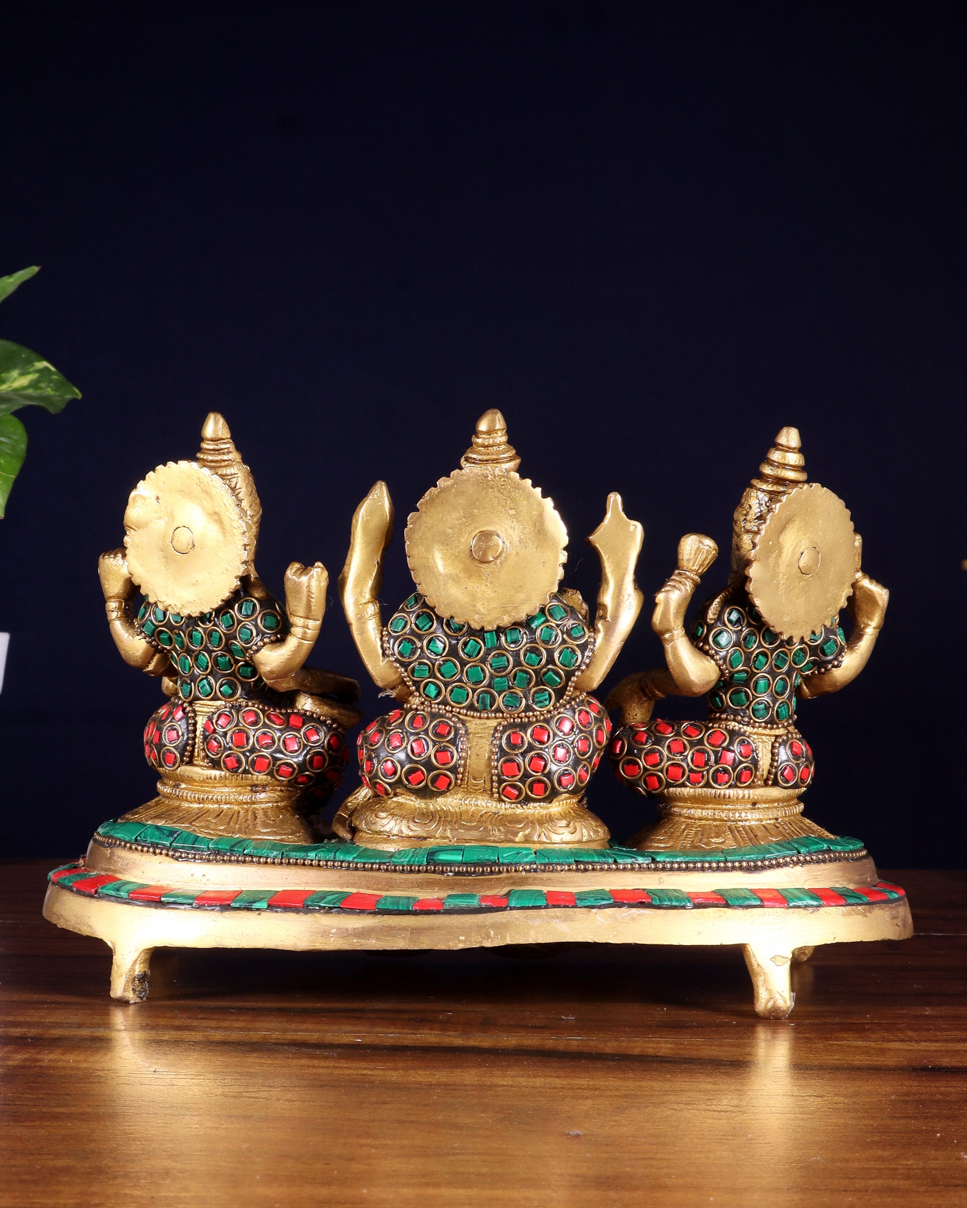 Ganesha Lakshmi Saraswati Brass Idols with meenakari stonework 6.5"