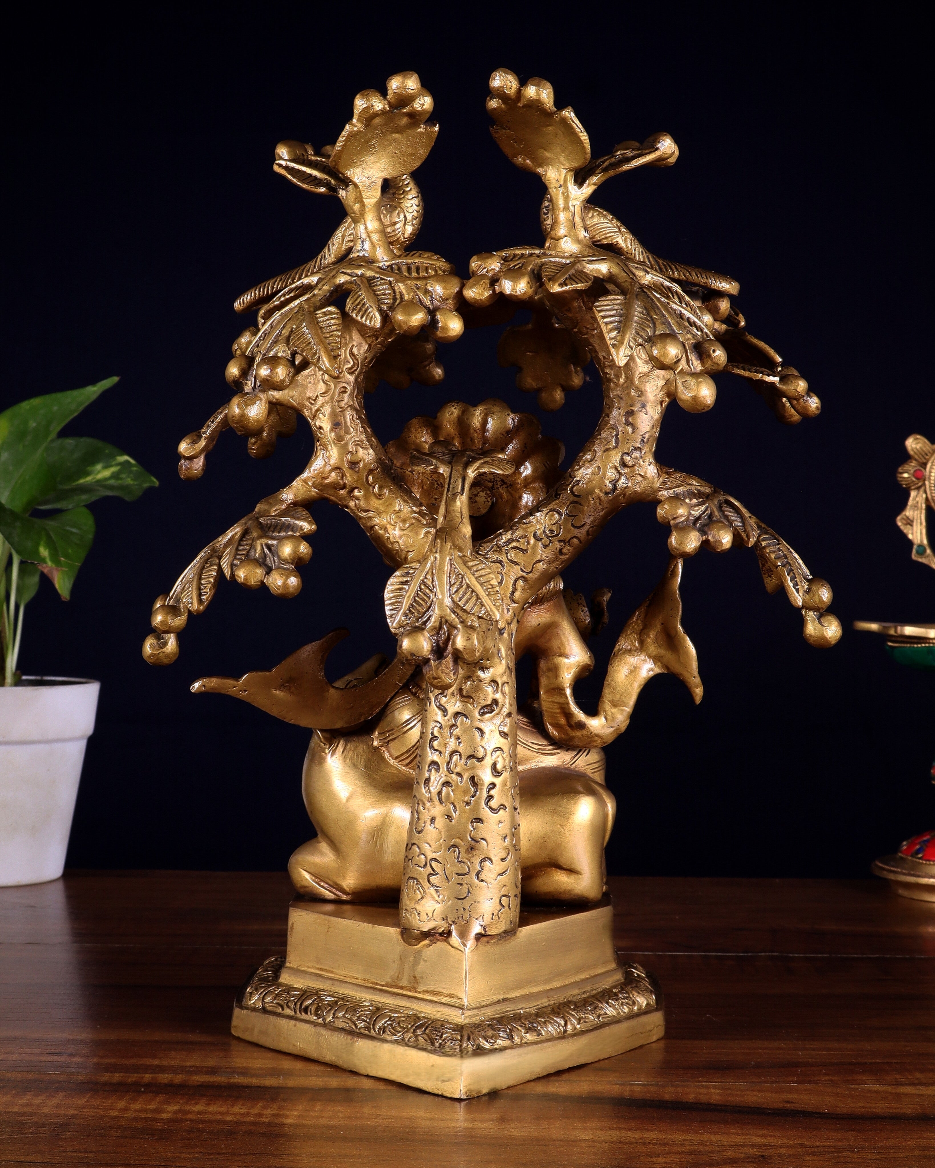 Brass Krishna sitting on Cow with Kalpavriksha | 12 inch
