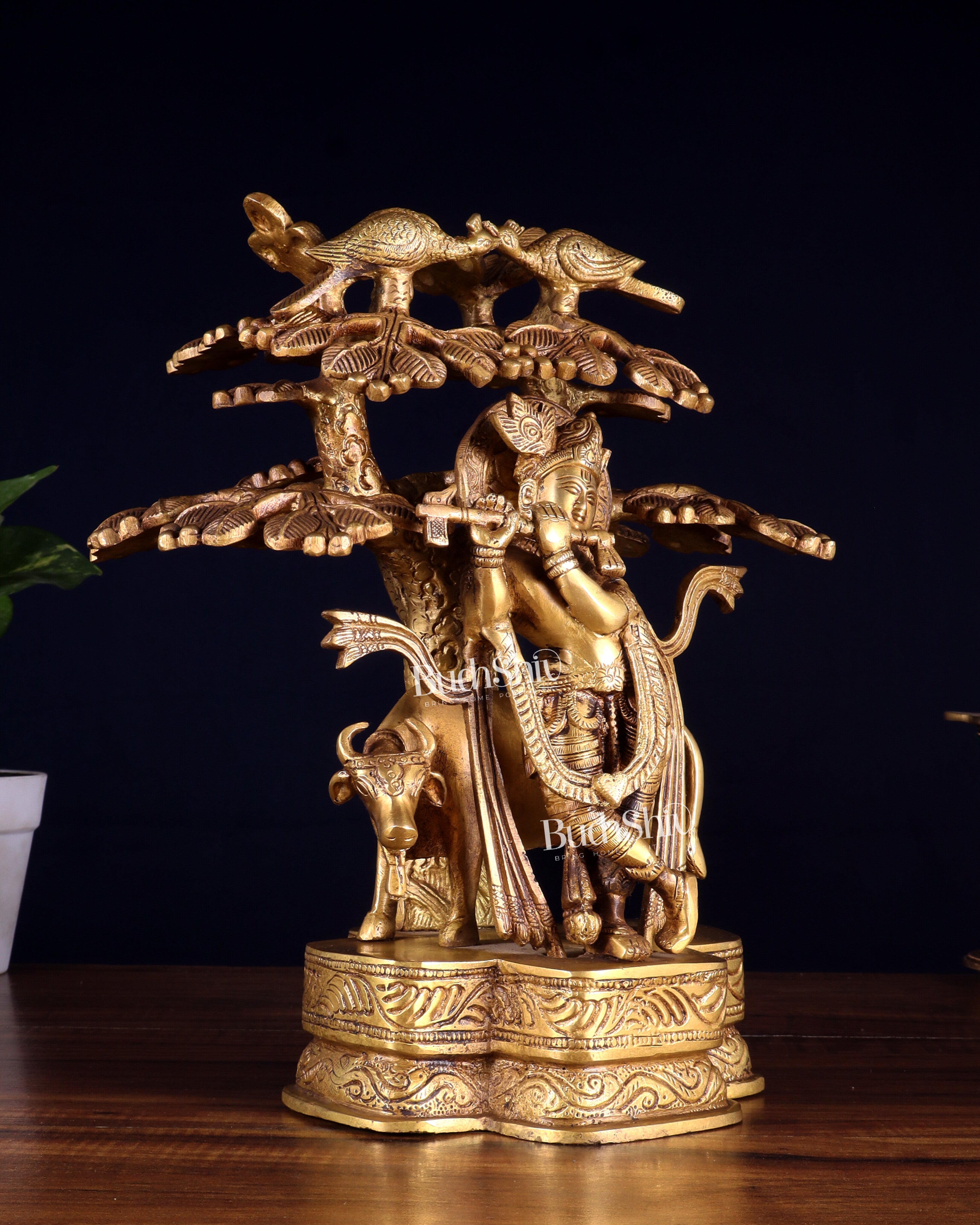 Pure Brass Krishna with Cow Under Kalpavriksha tree Statue 12 inch