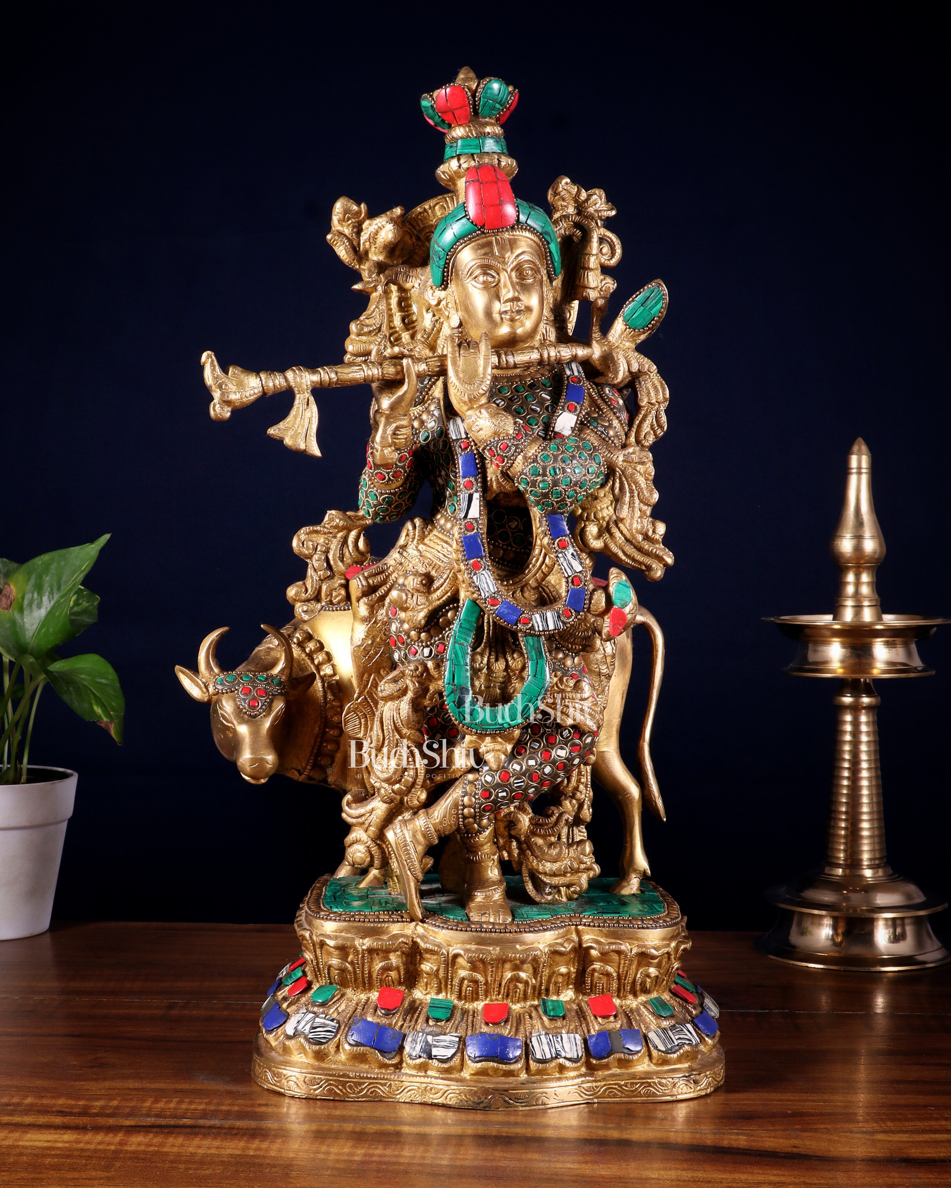 Lord Krishna with Cow Brass Statue - 17" Exquisite Sculpture
