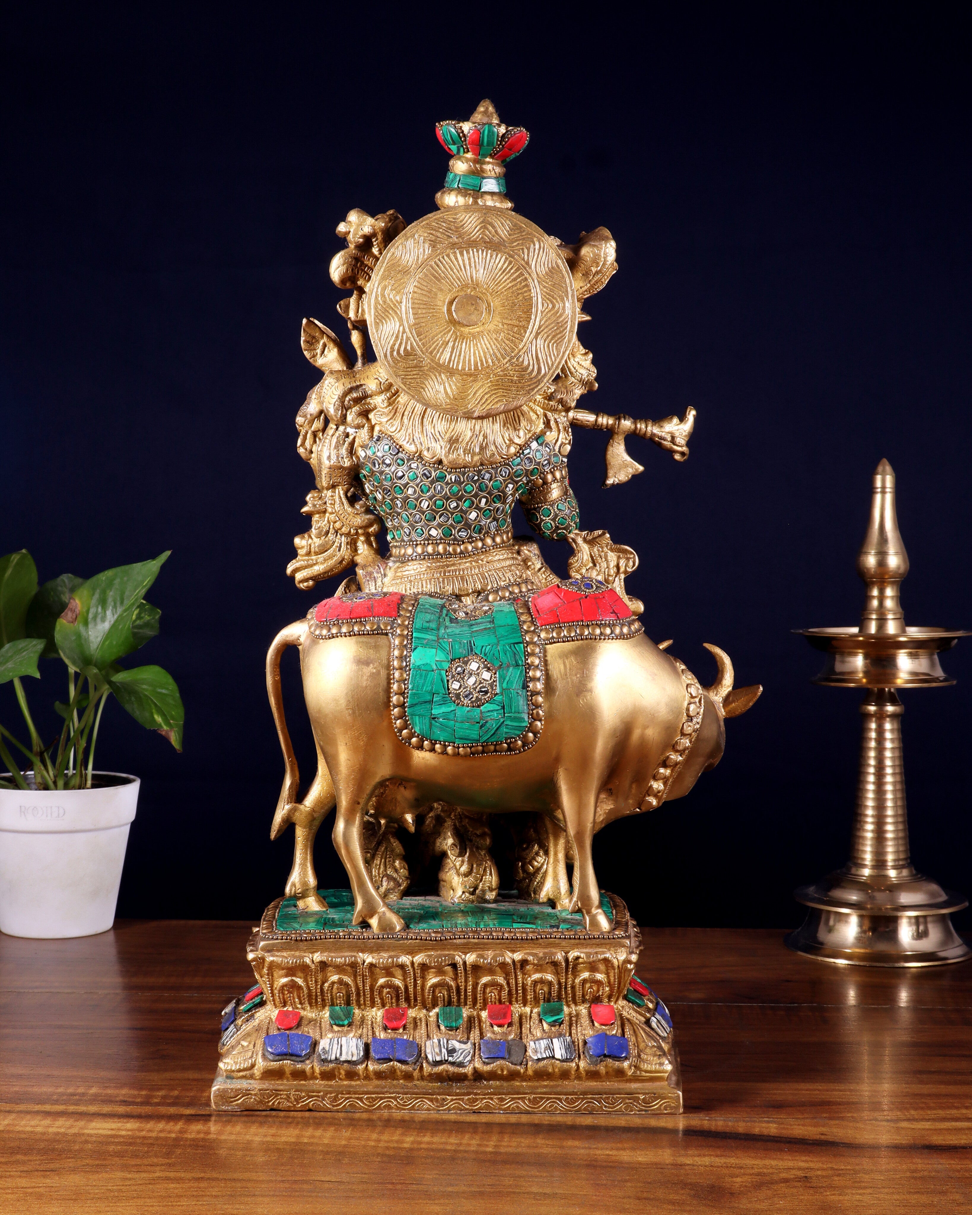 Lord Krishna with Cow Brass Statue - 17" Exquisite Sculpture