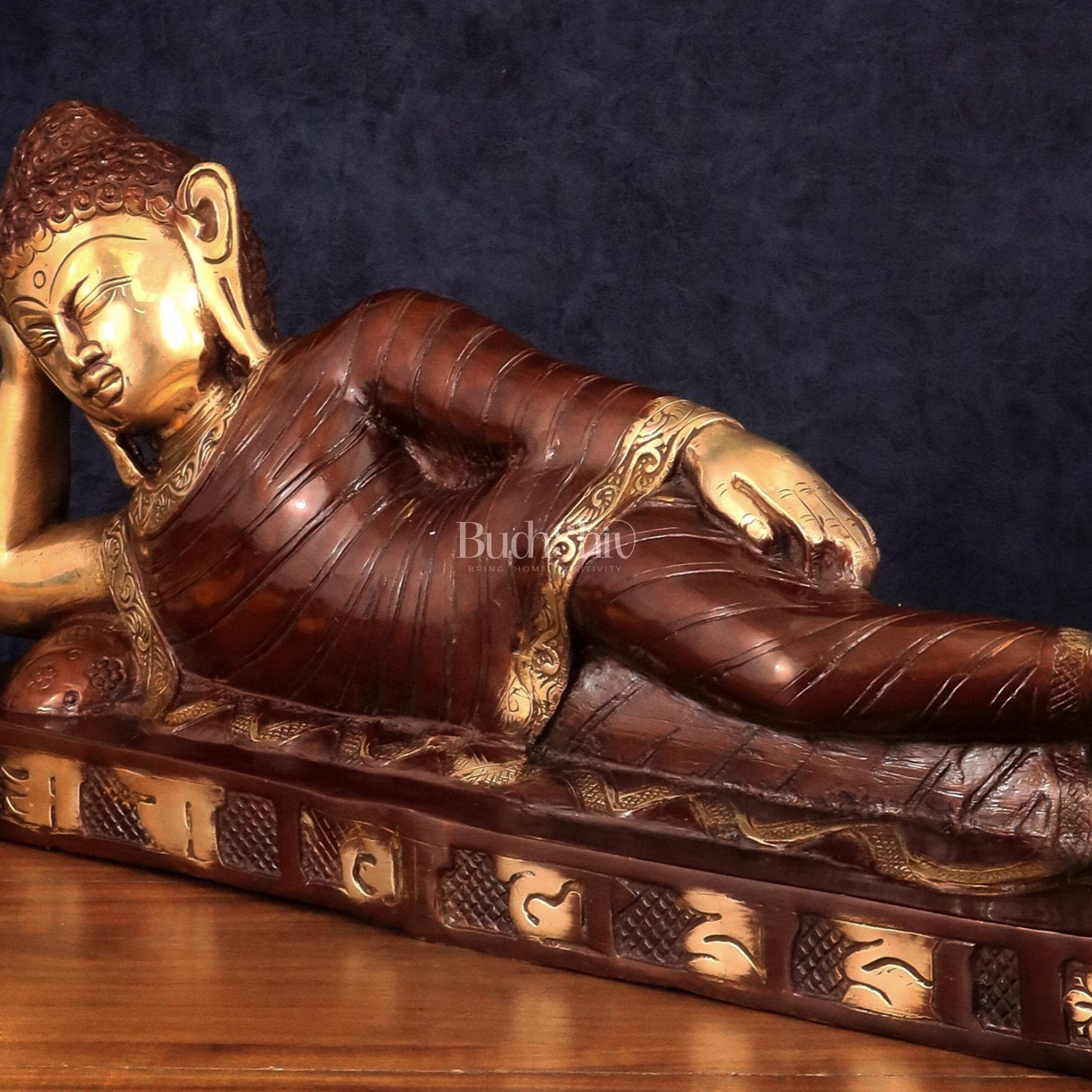 Brass Reclining sleeping Buddha Sculpture in Unique Dual Tone 20 inch