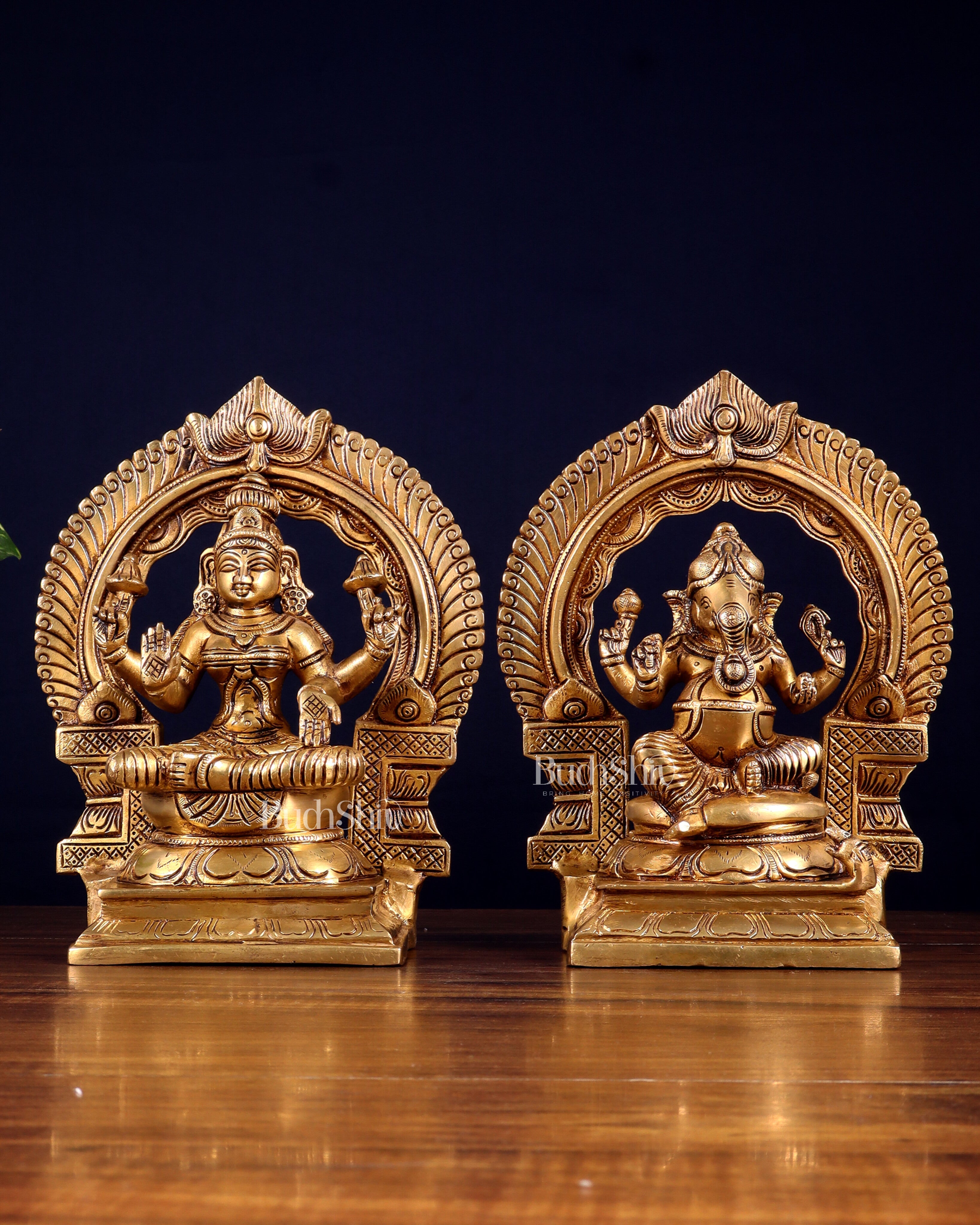Brass Superfine valumburi Ganesh Lakshmi in padmasana with Prabhavali Idol Set 9"