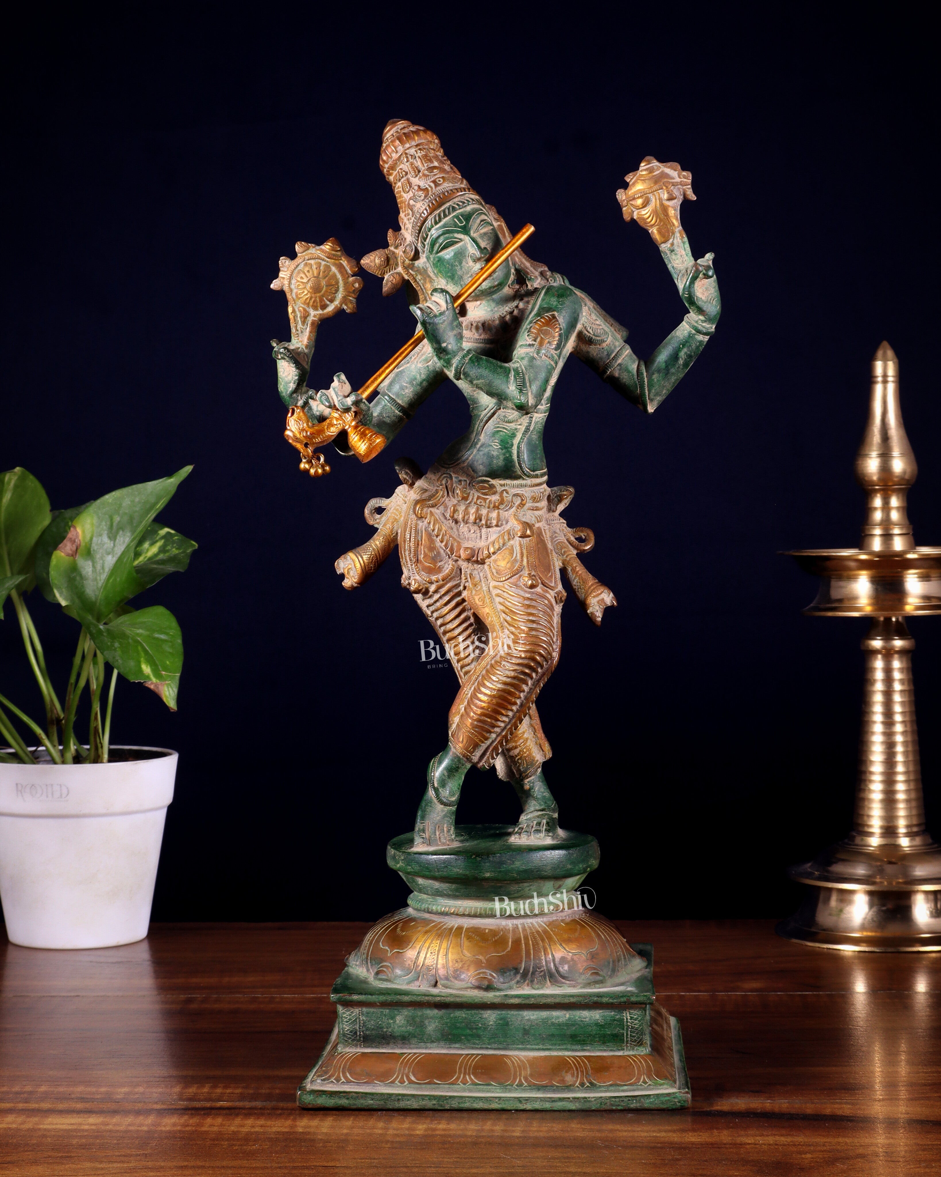 Vintage Brass Vishnu as Lord Krishna Statue - Green Sand Finish 14.5"