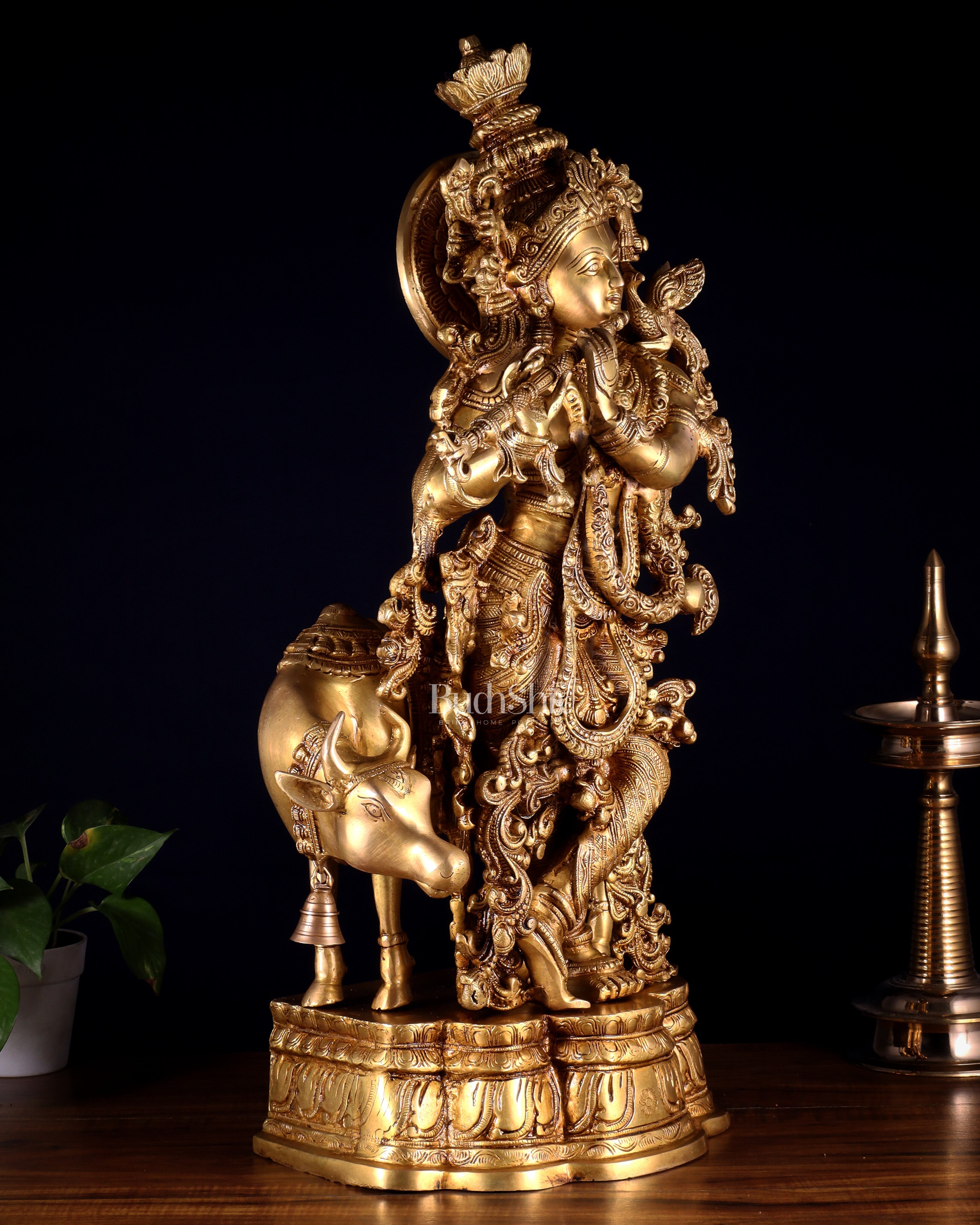 Pure Brass Krishna with cow large idol 26"