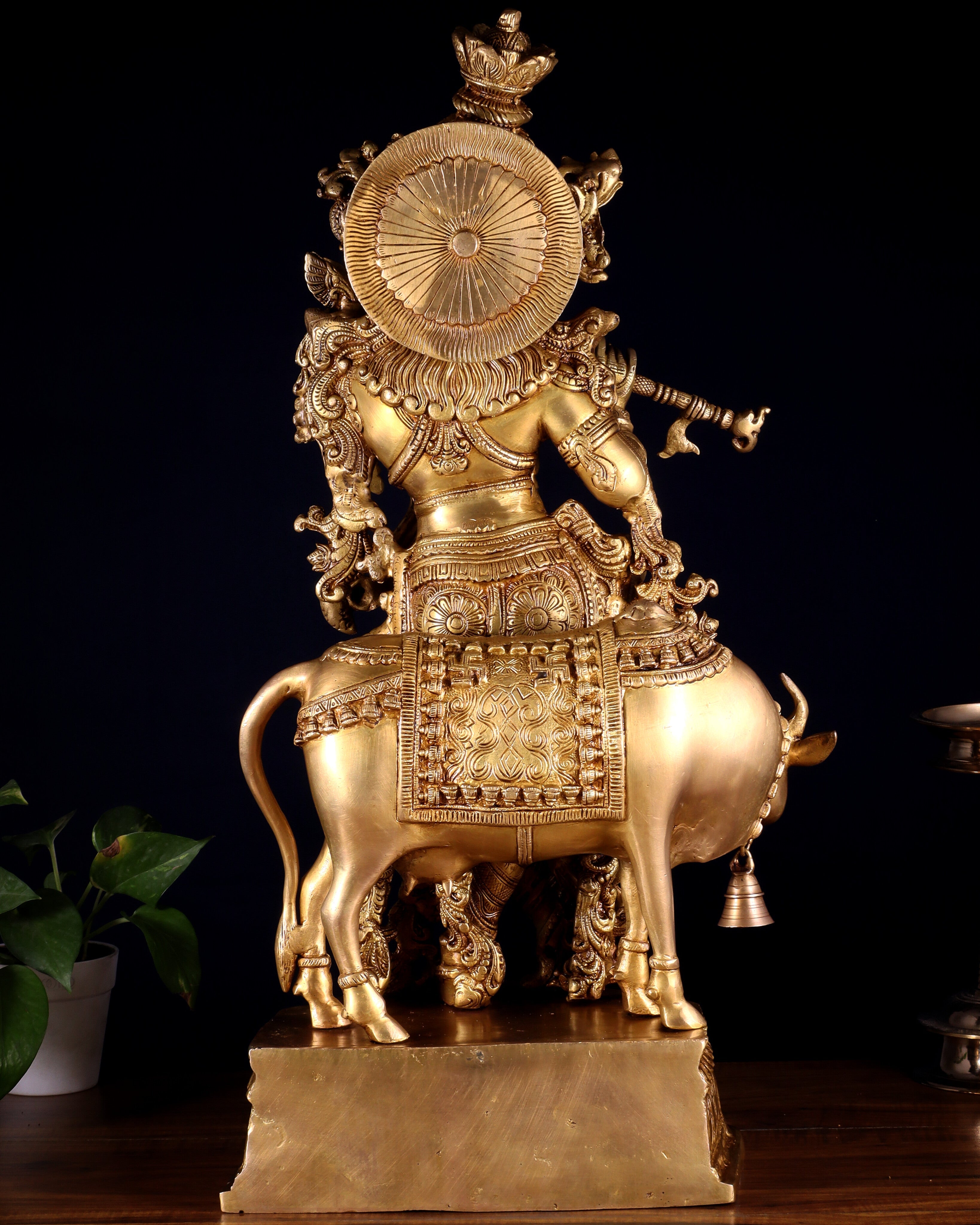 Pure Brass Krishna with cow large idol 26"