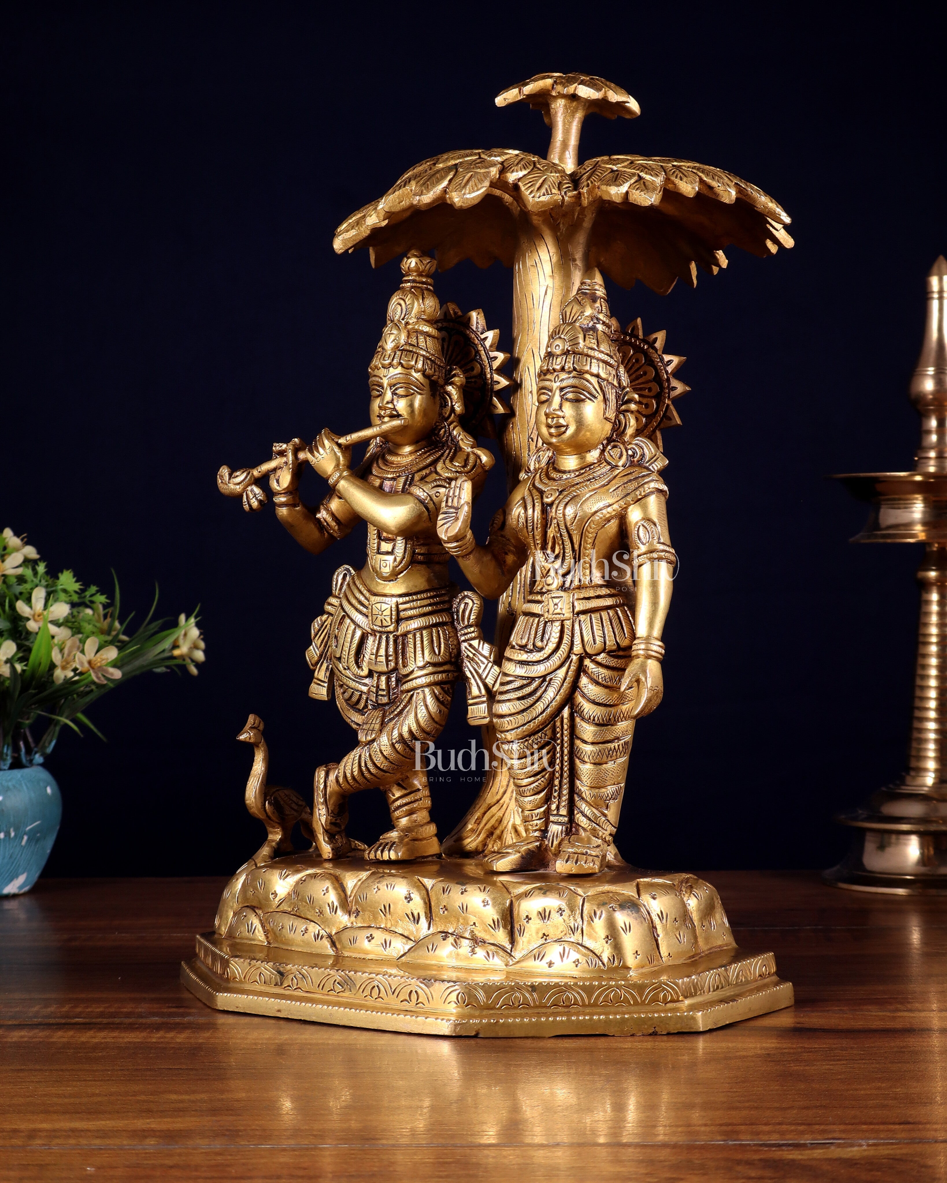 Pure Brass Radha Krishna Under Tree Idol - Height 13"