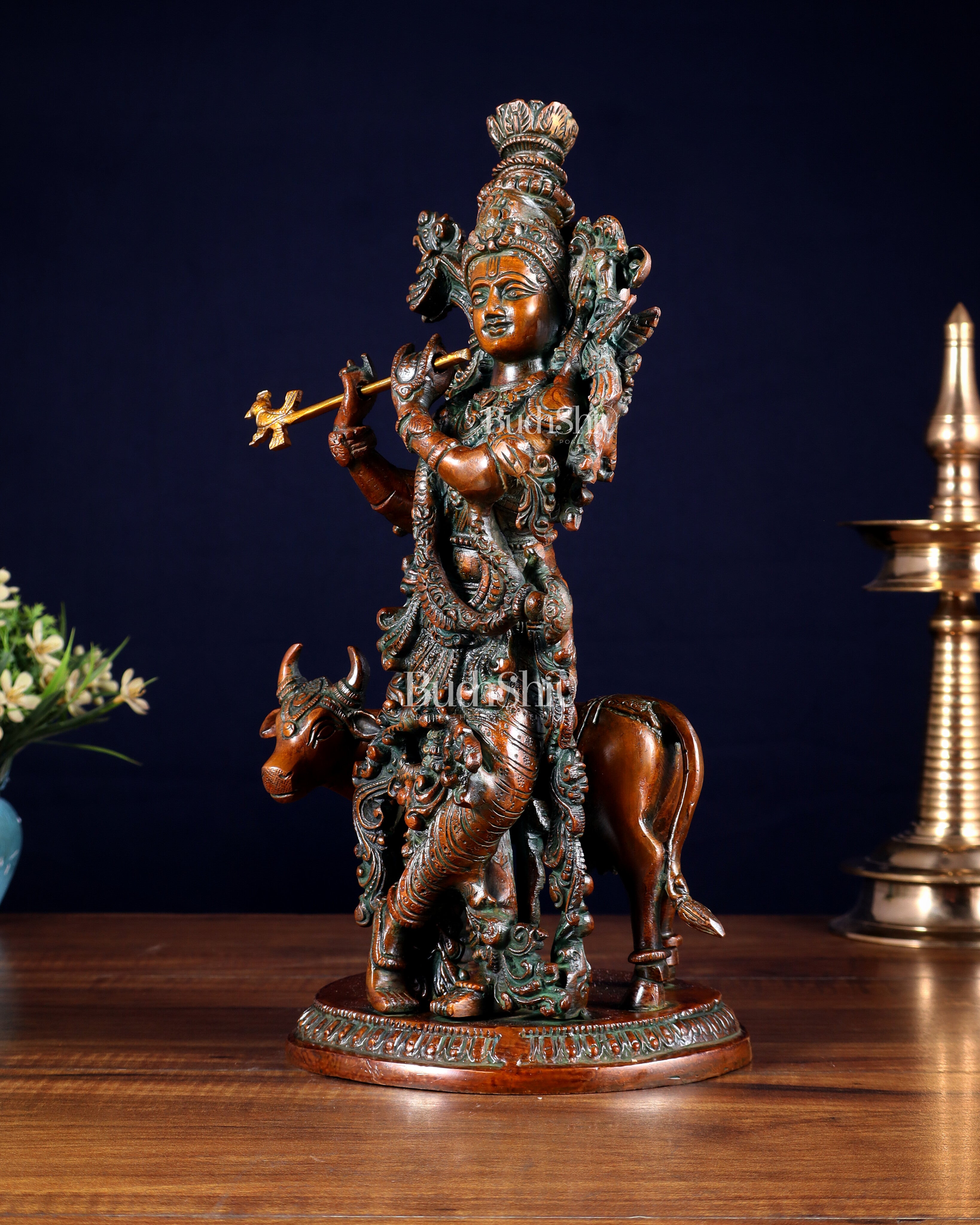 Pure Brass Lord Krishna with Cow Statue – Double Chola Tone 13 inch