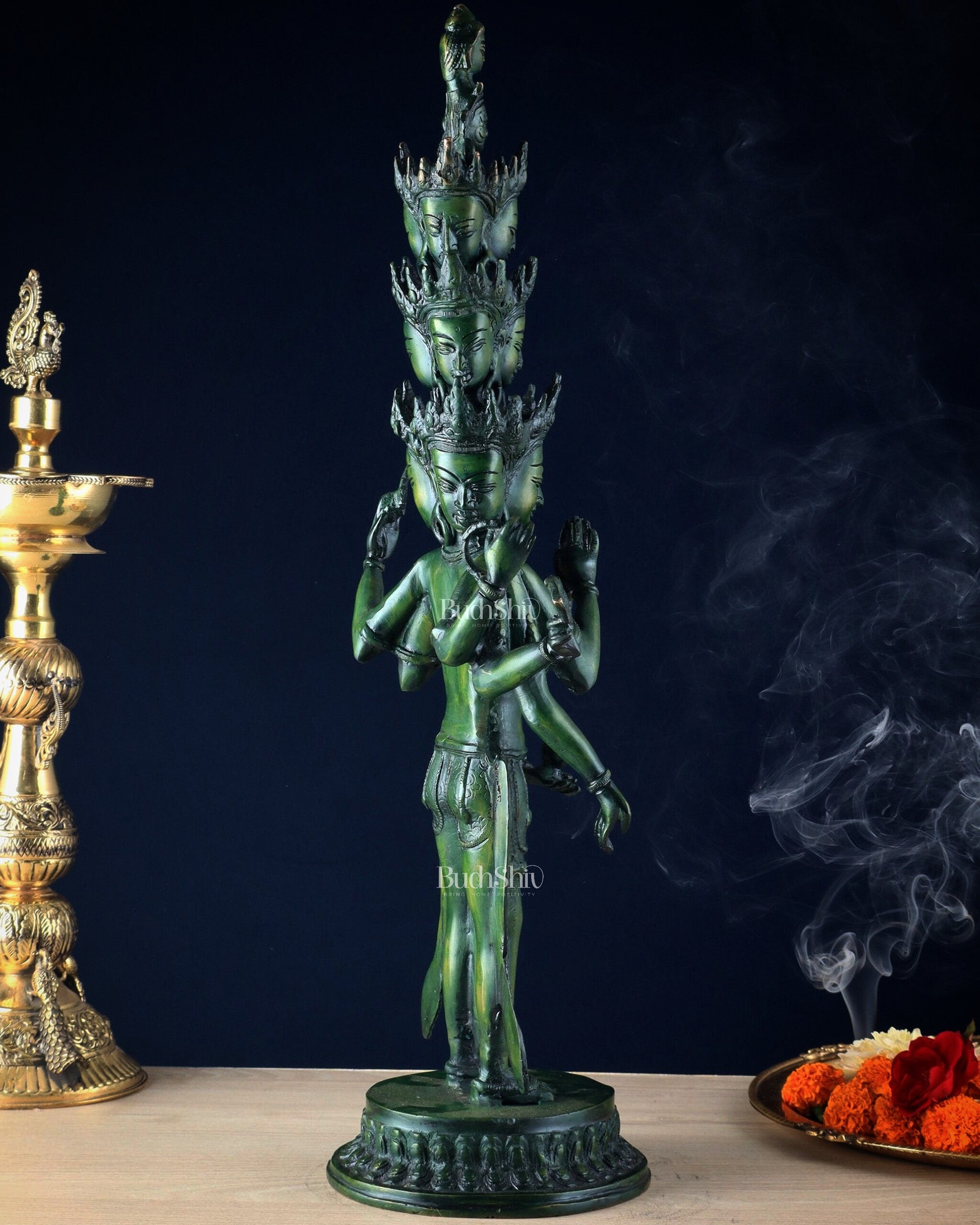Eleven-Headed Eight-Armed Avalokiteshvara Statue in Brass – Antique Green Patina, 23.2"