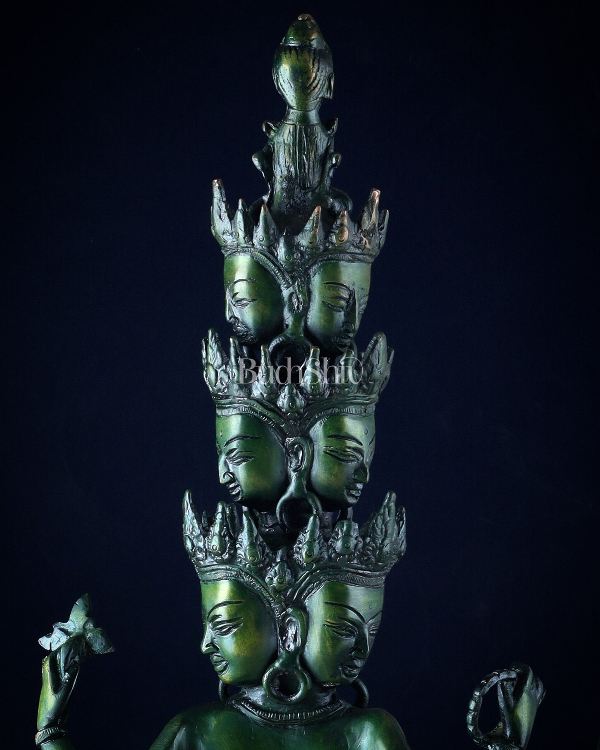 Eleven-Headed Eight-Armed Avalokiteshvara Statue in Brass – Antique Green Patina, 23.2"