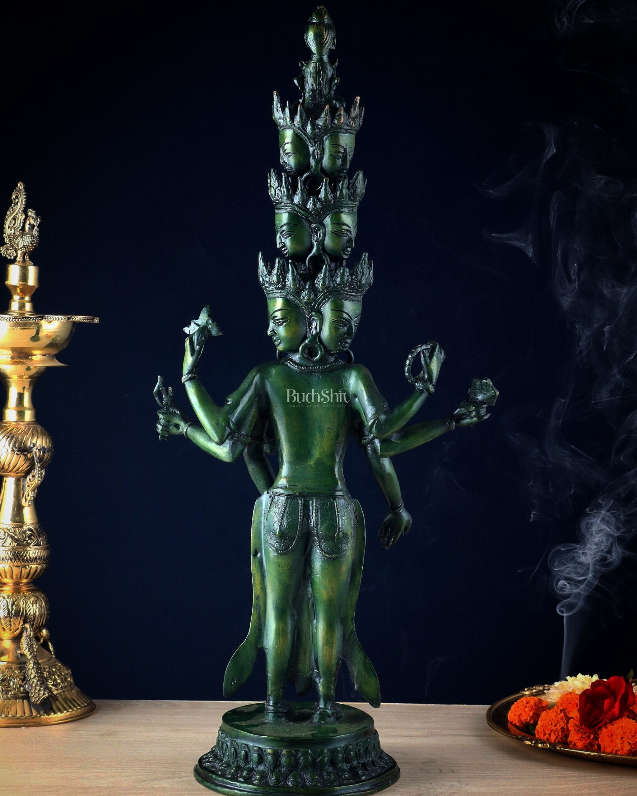 Eleven-Headed Eight-Armed Avalokiteshvara Statue in Brass – Antique Green Patina, 23.2"