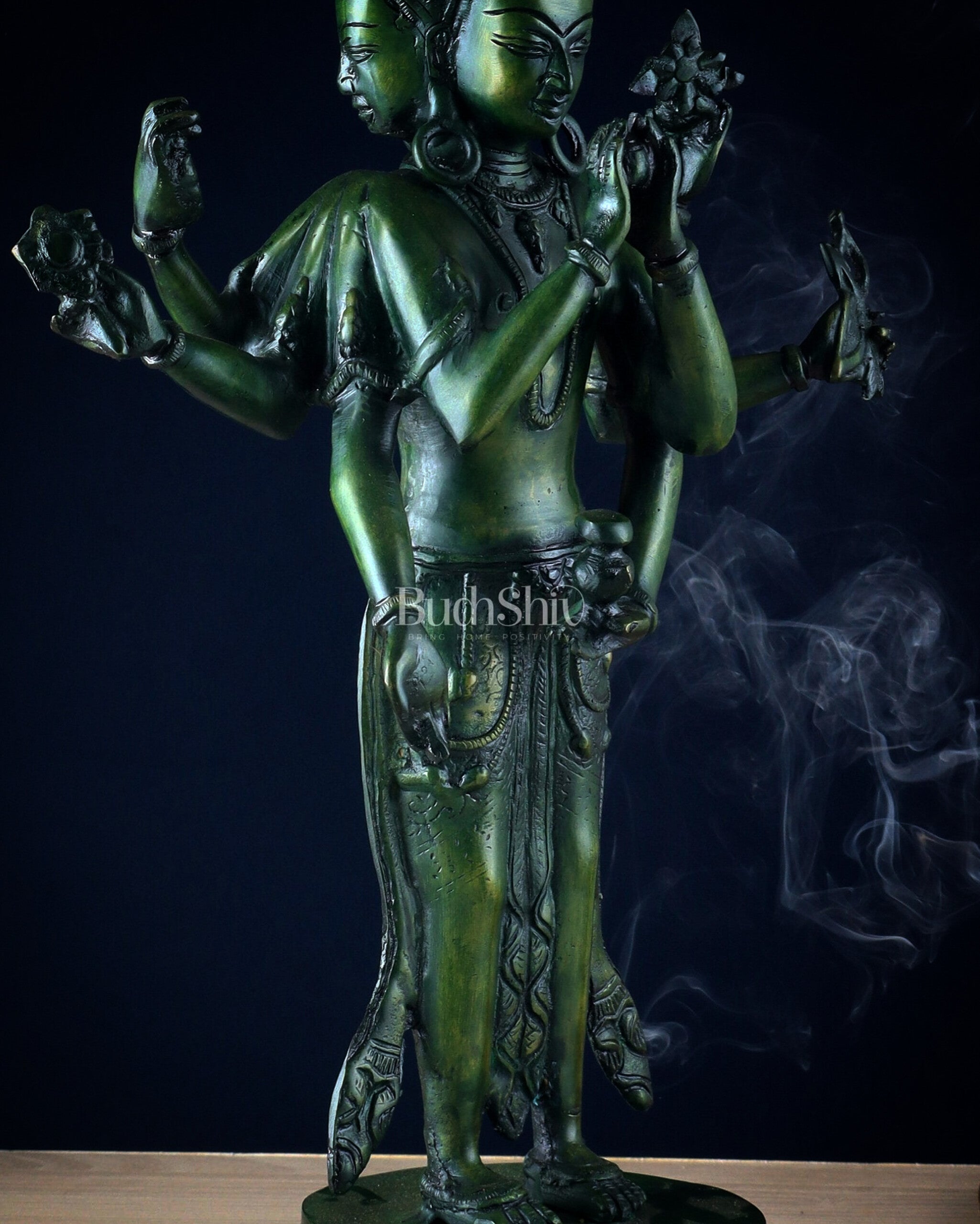 Eleven-Headed Eight-Armed Avalokiteshvara Statue in Brass – Antique Green Patina, 23.2"