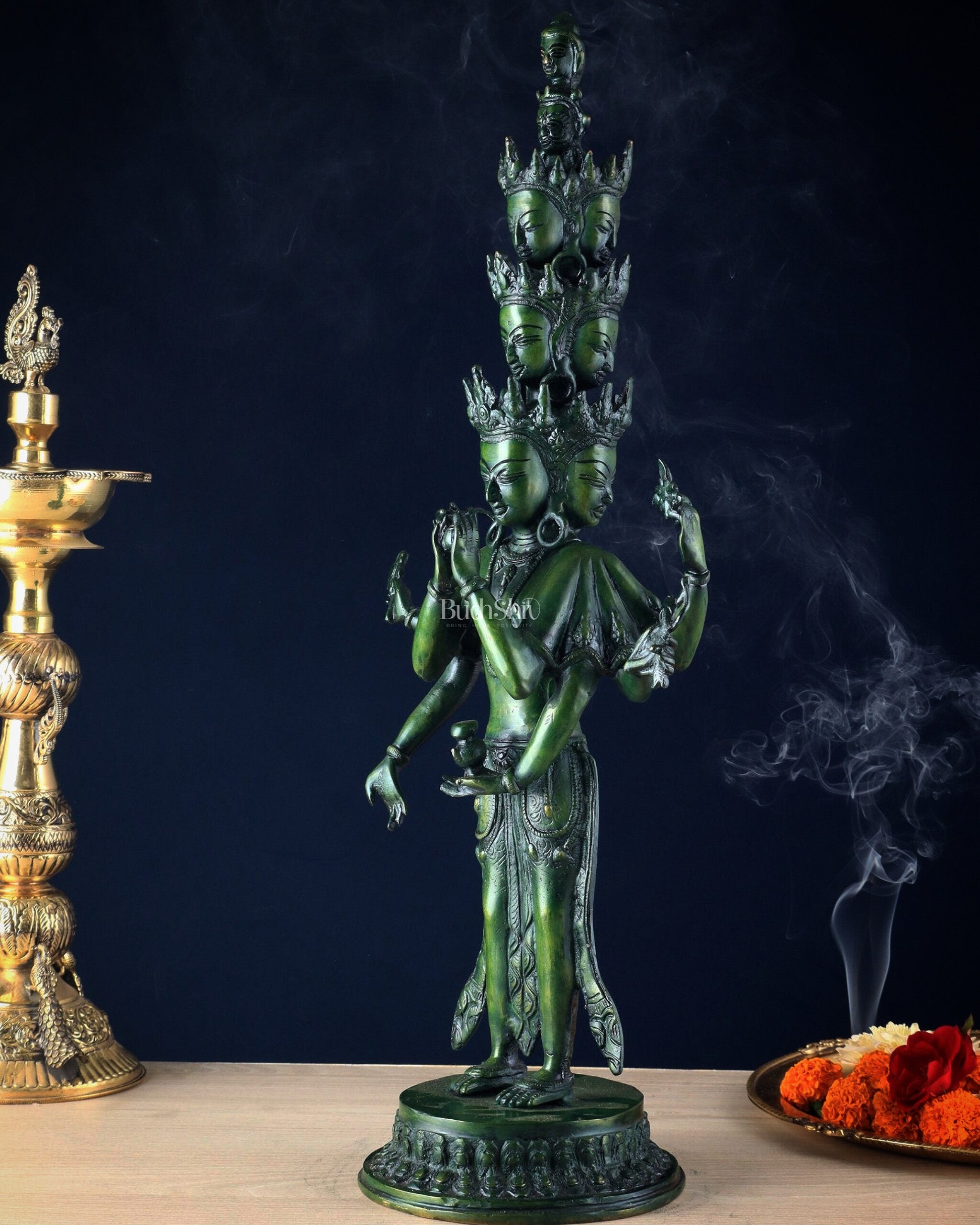 Eleven-Headed Eight-Armed Avalokiteshvara Statue in Brass – Antique Green Patina, 23.2"