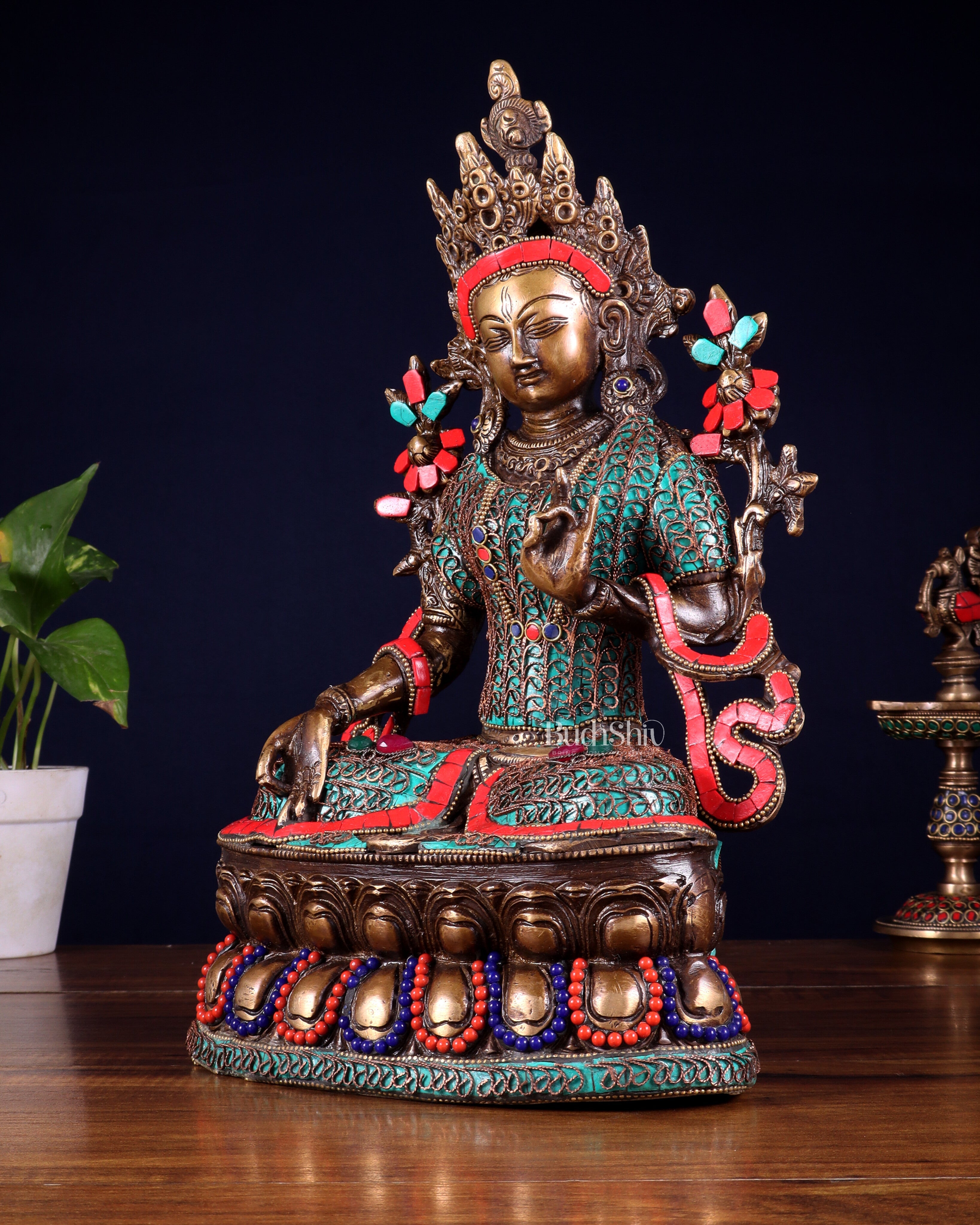 Vintage Brass white Tara Statue with copper wire work meenakari| 14 inches Height