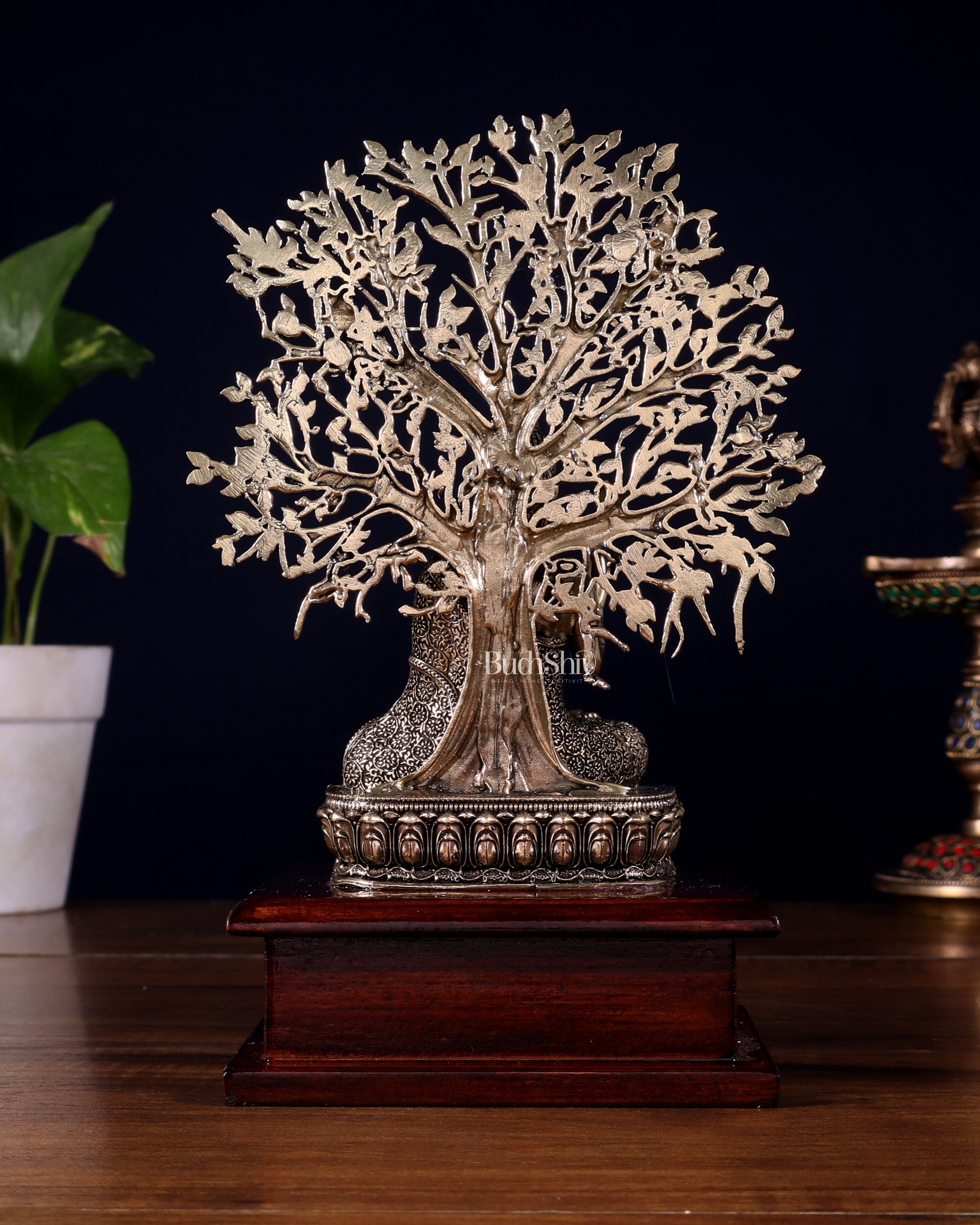 Brass Superfine Buddha with Kalpavriksha on Wooden Base – 8.5 Inch