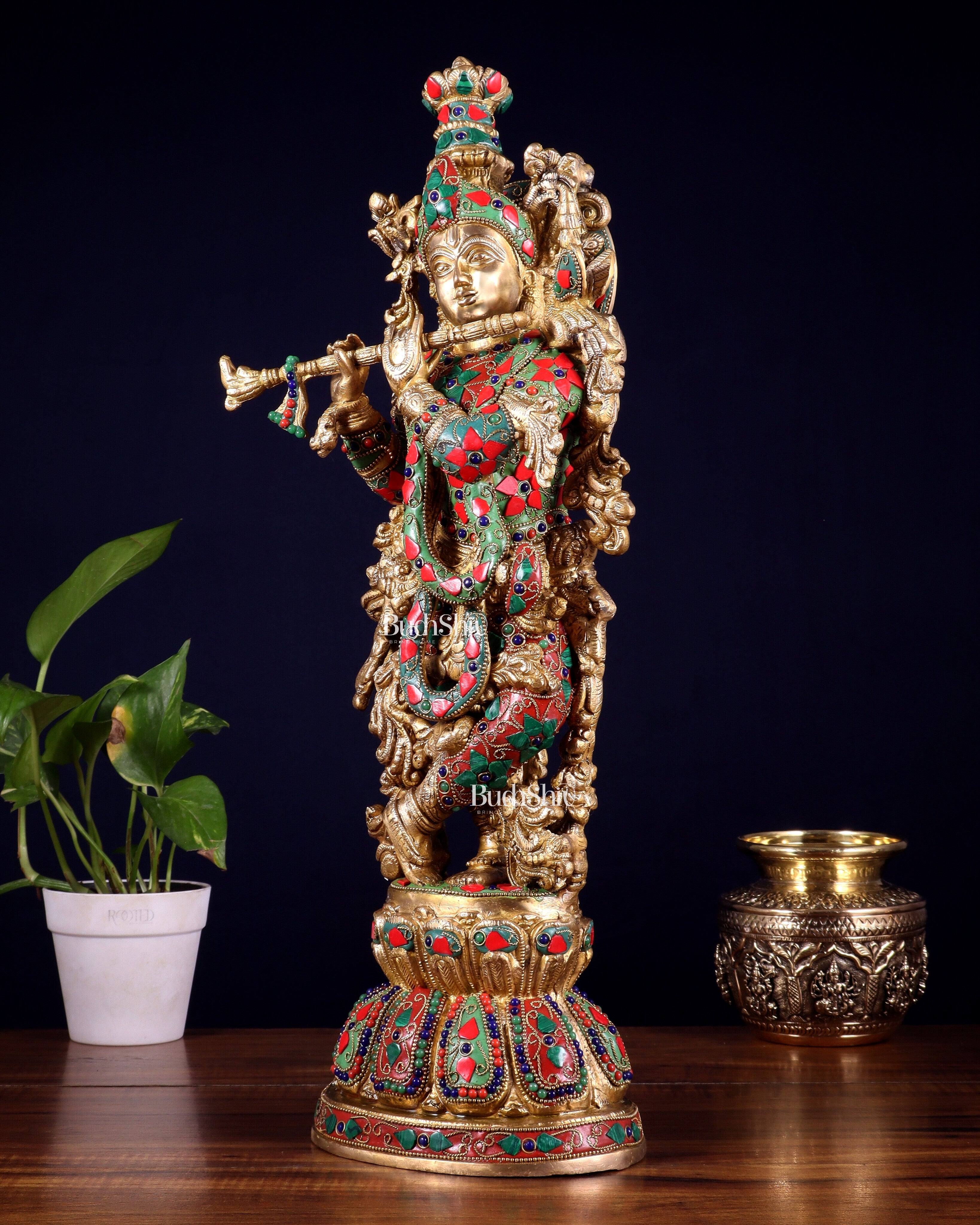 Pure Brass Krishna Statue with floral Stonework, 21" Height