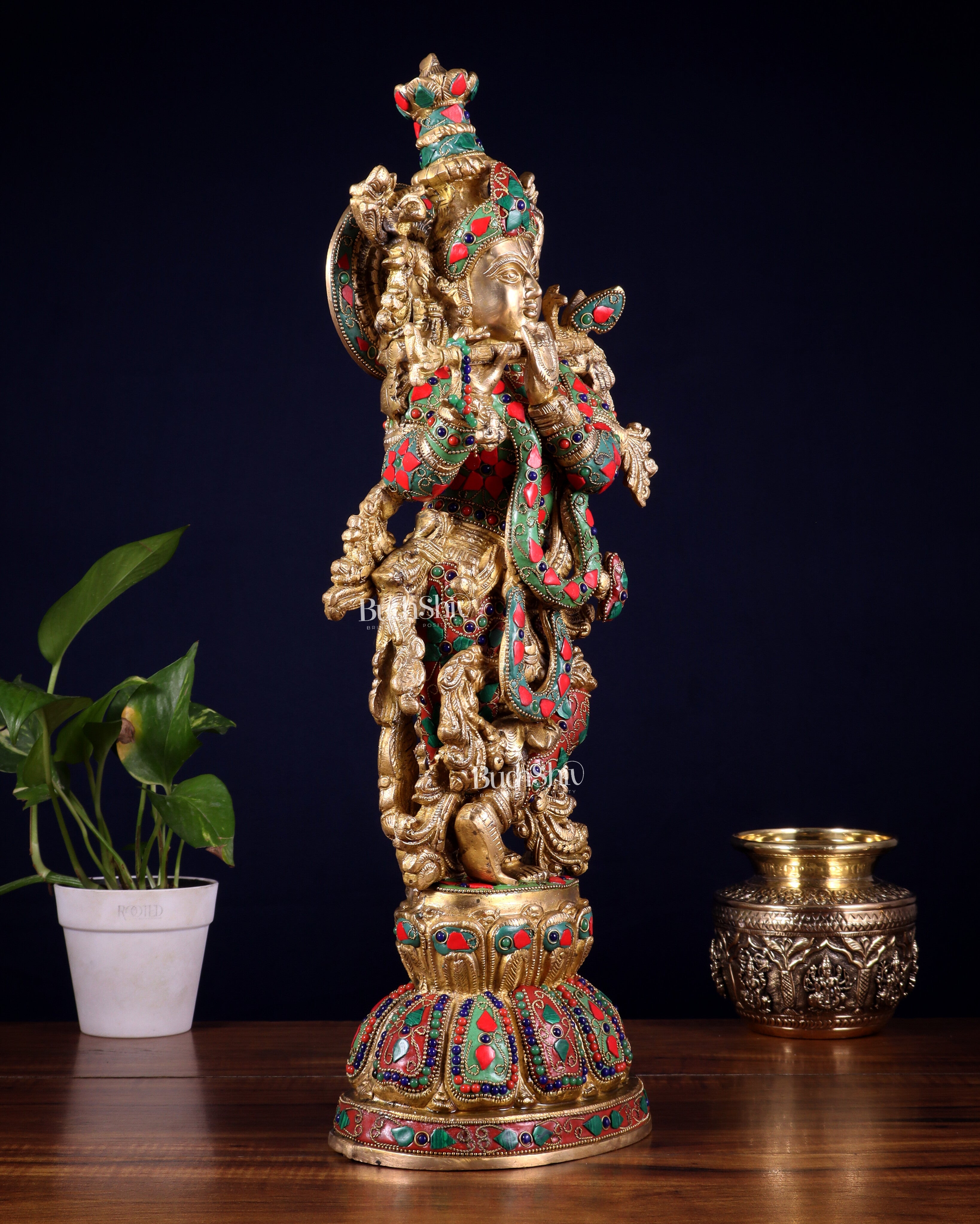 Pure Brass Krishna Statue with floral Stonework, 21" Height