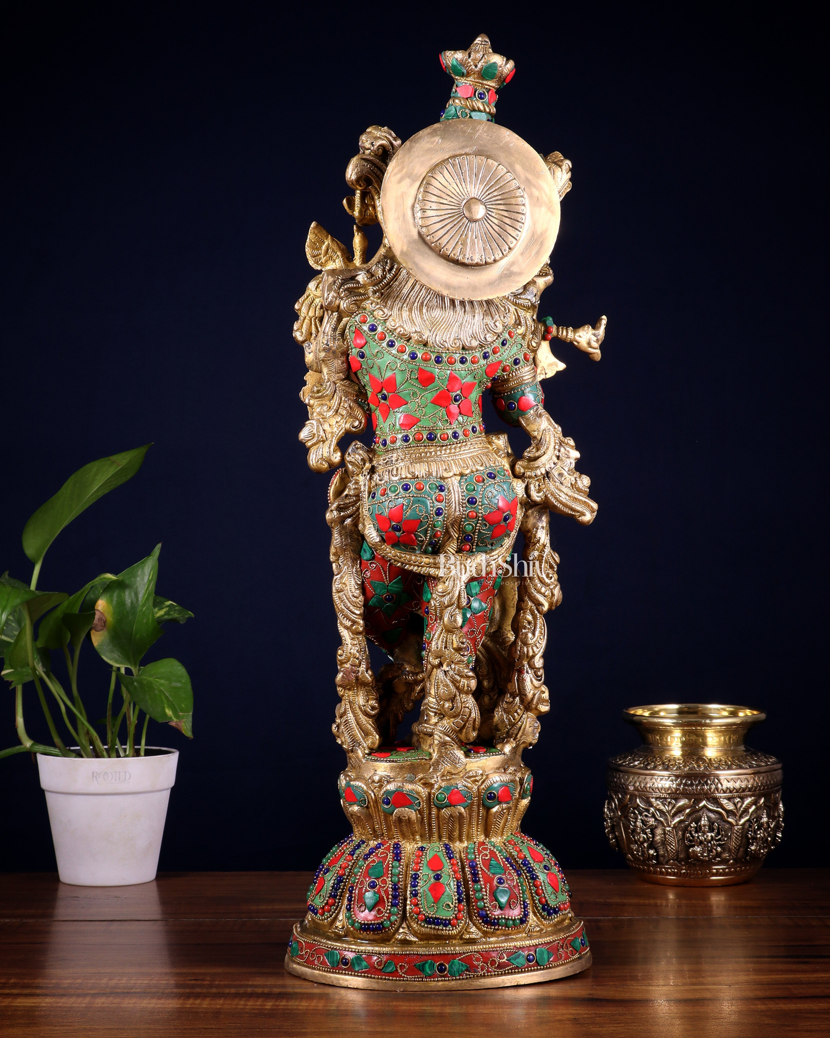 Pure Brass Krishna Statue with floral Stonework, 21" Height