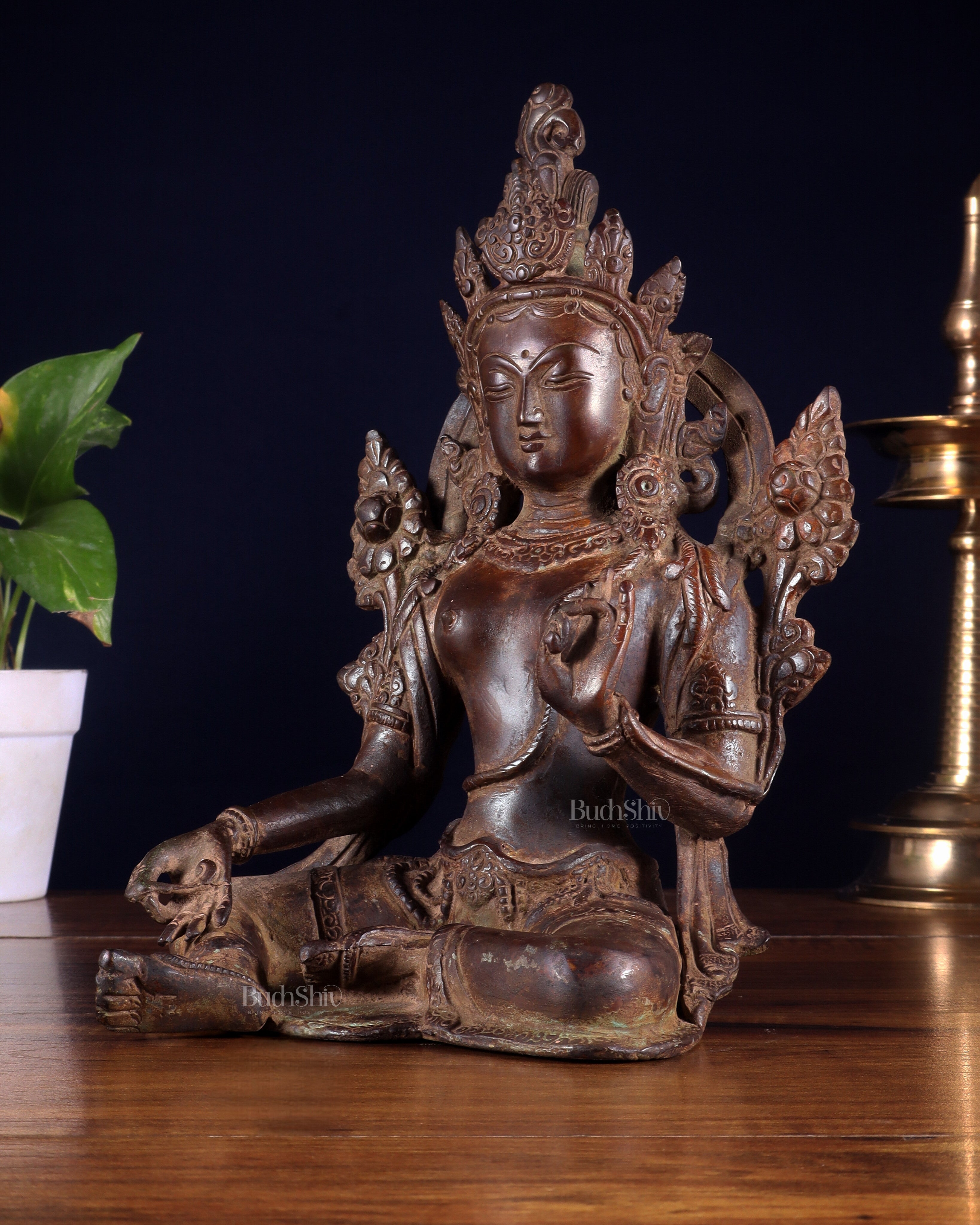 Vintage Brass Green Tara rustic Statue – 10.5 inch