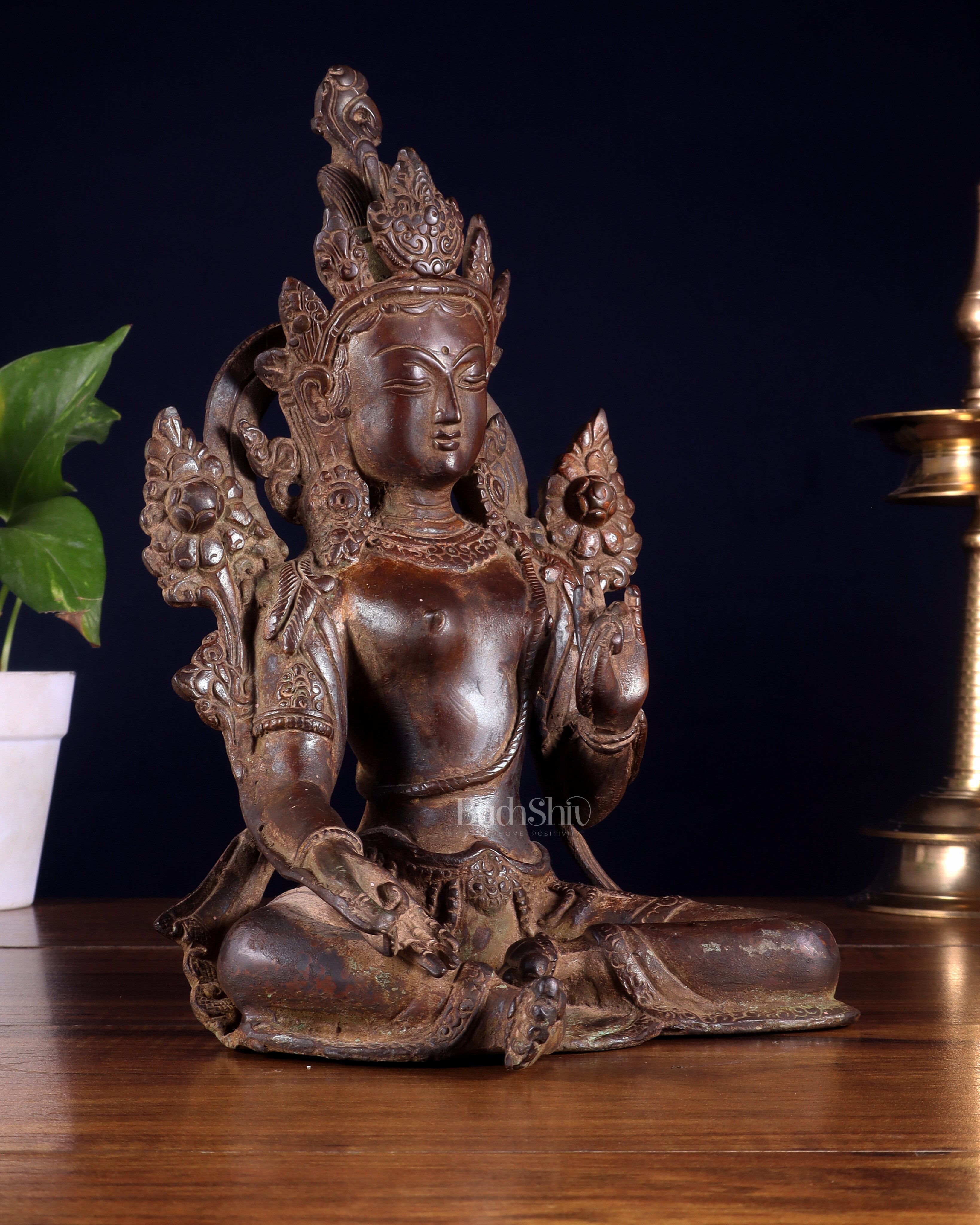 Vintage Brass Green Tara rustic Statue – 10.5 inch