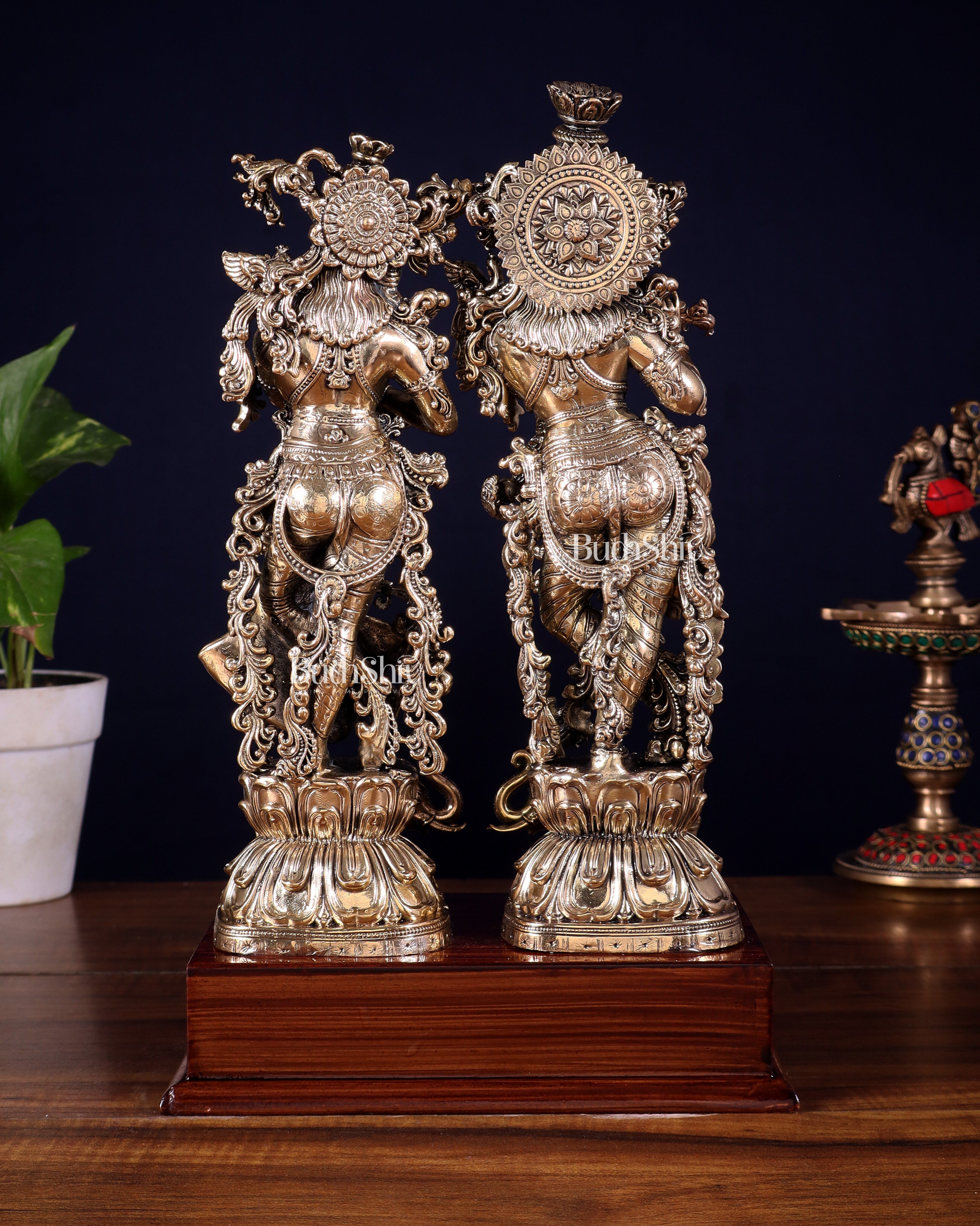 Brass Radha Krishna with Elephants on Wooden Base – Superfine Finish 11.5 inch