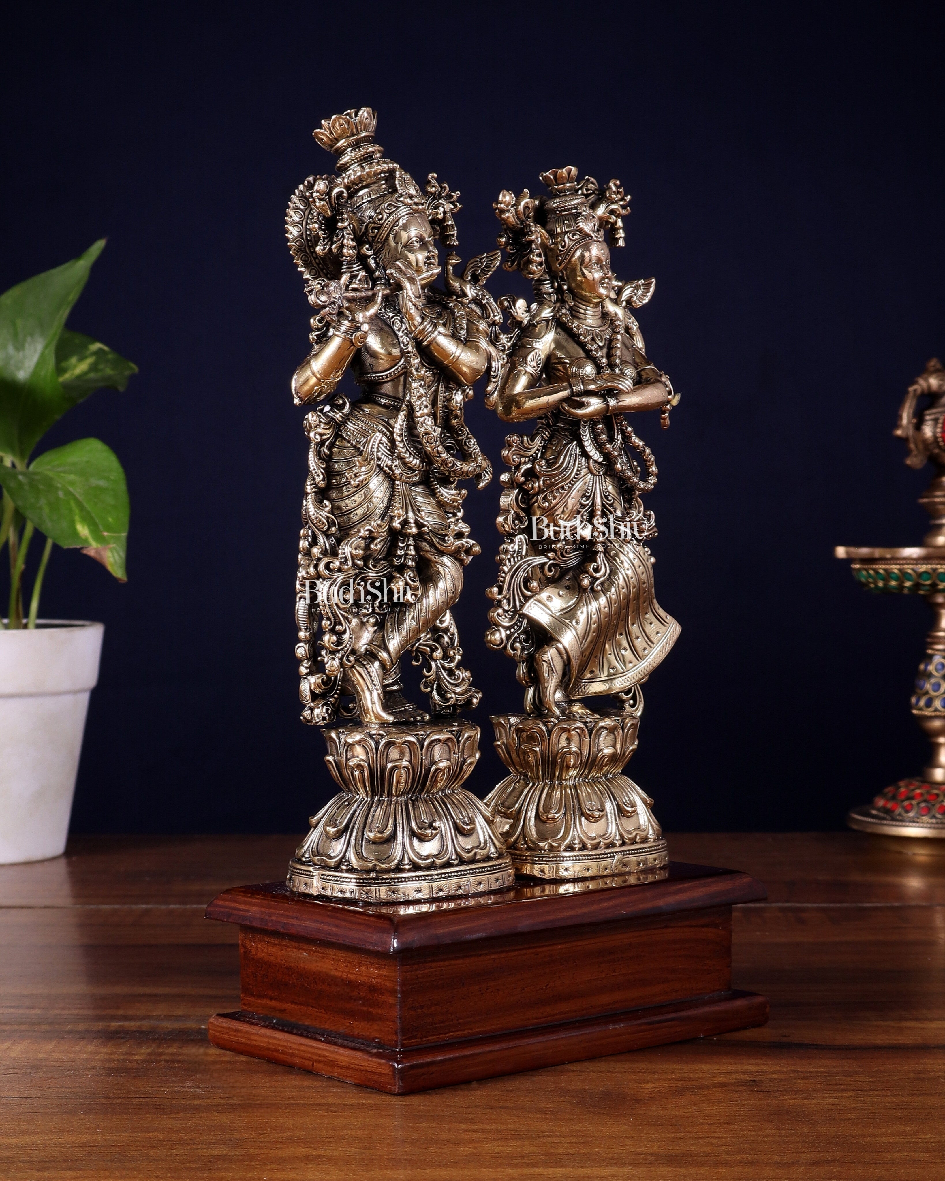 Brass Radha Krishna on Wooden Base – 9.5 inch Superfine Finish