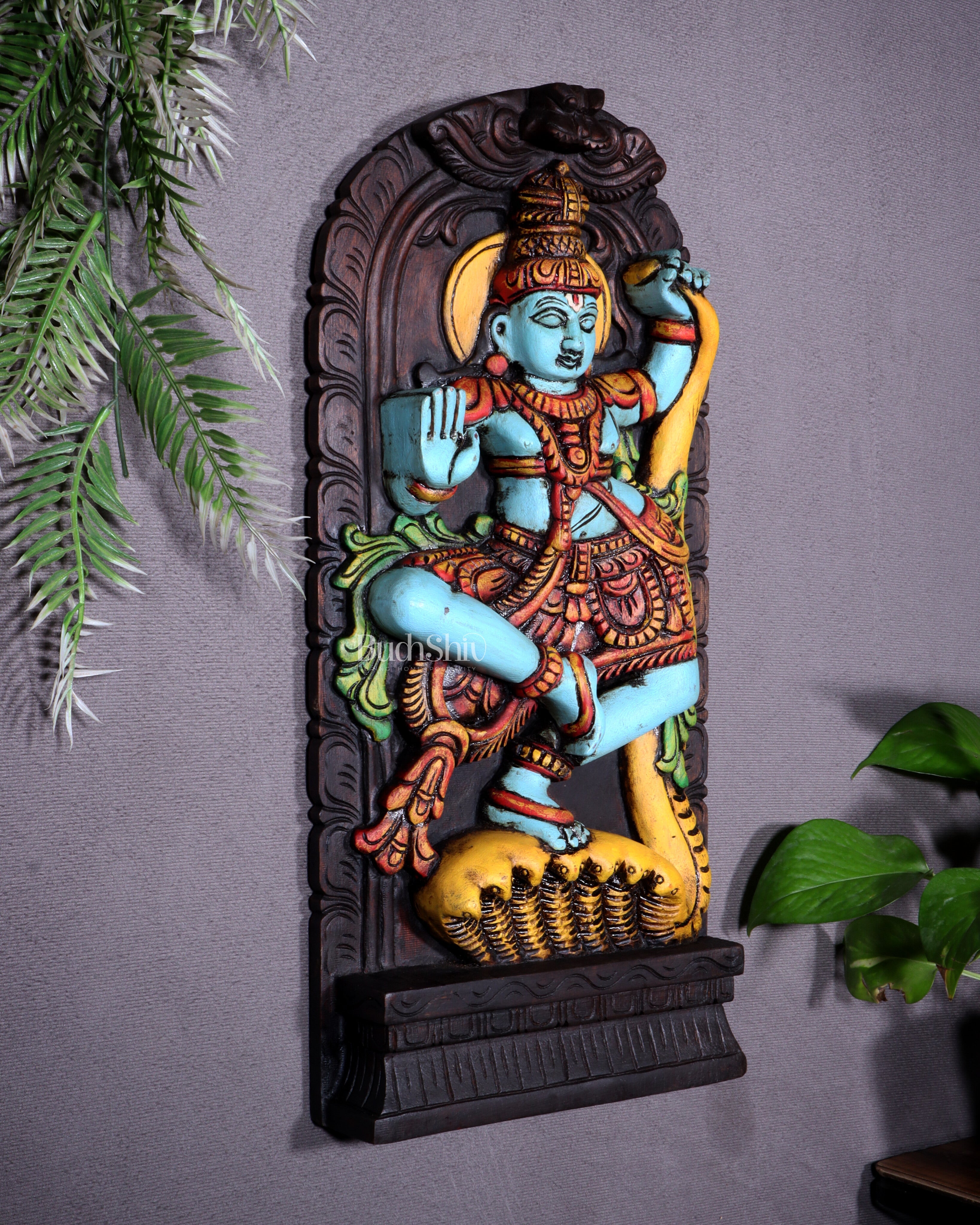 Wooden Kalinga Narthana Krishna Wall Hanging – Hand-Painted 18 inch