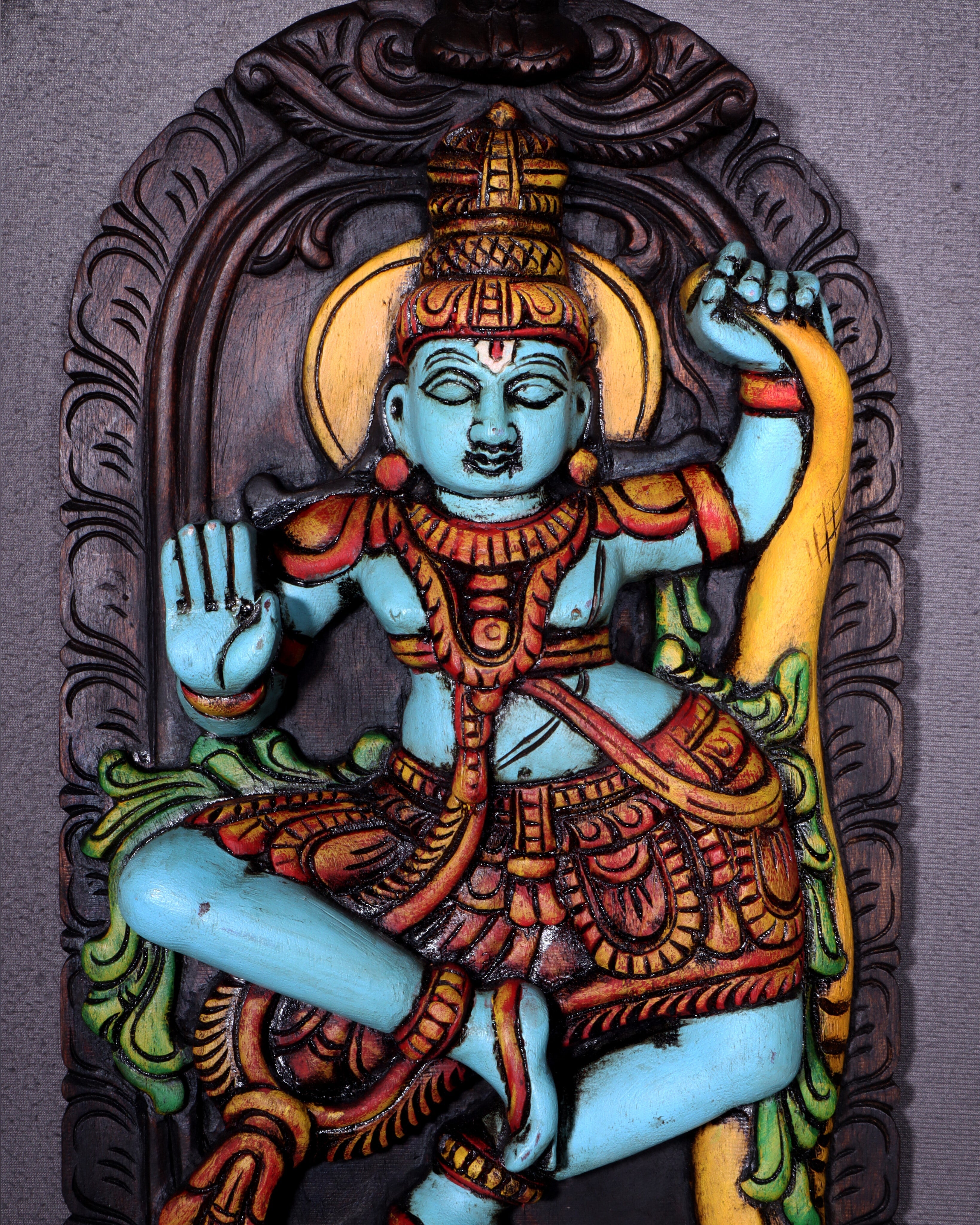 Wooden Kalinga Narthana Krishna Wall Hanging – Hand-Painted 18 inch