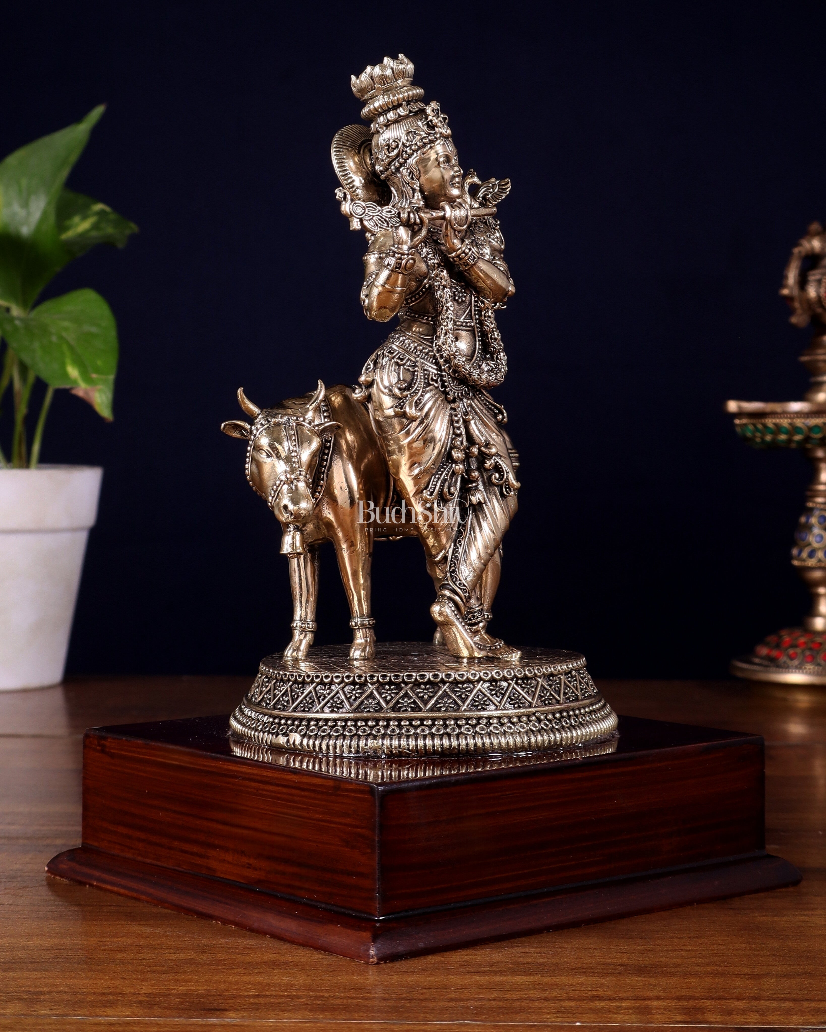 Superfine Brass Krishna with Cow on Wooden Base – 9 Inch