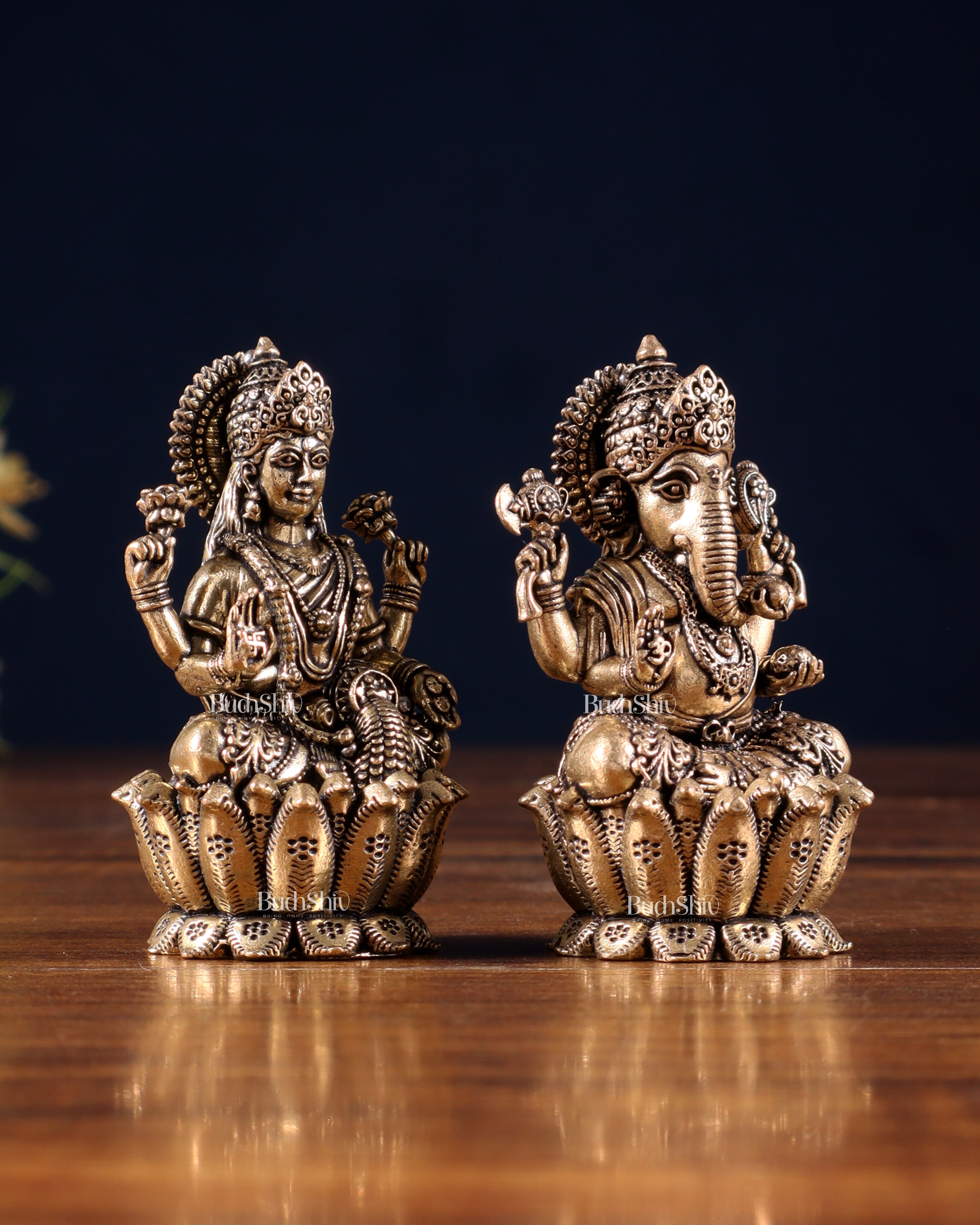 Brass Superfine Ganesh–Lakshmi on Lotus Idol Pair – Miniature (2.5 Inch)
