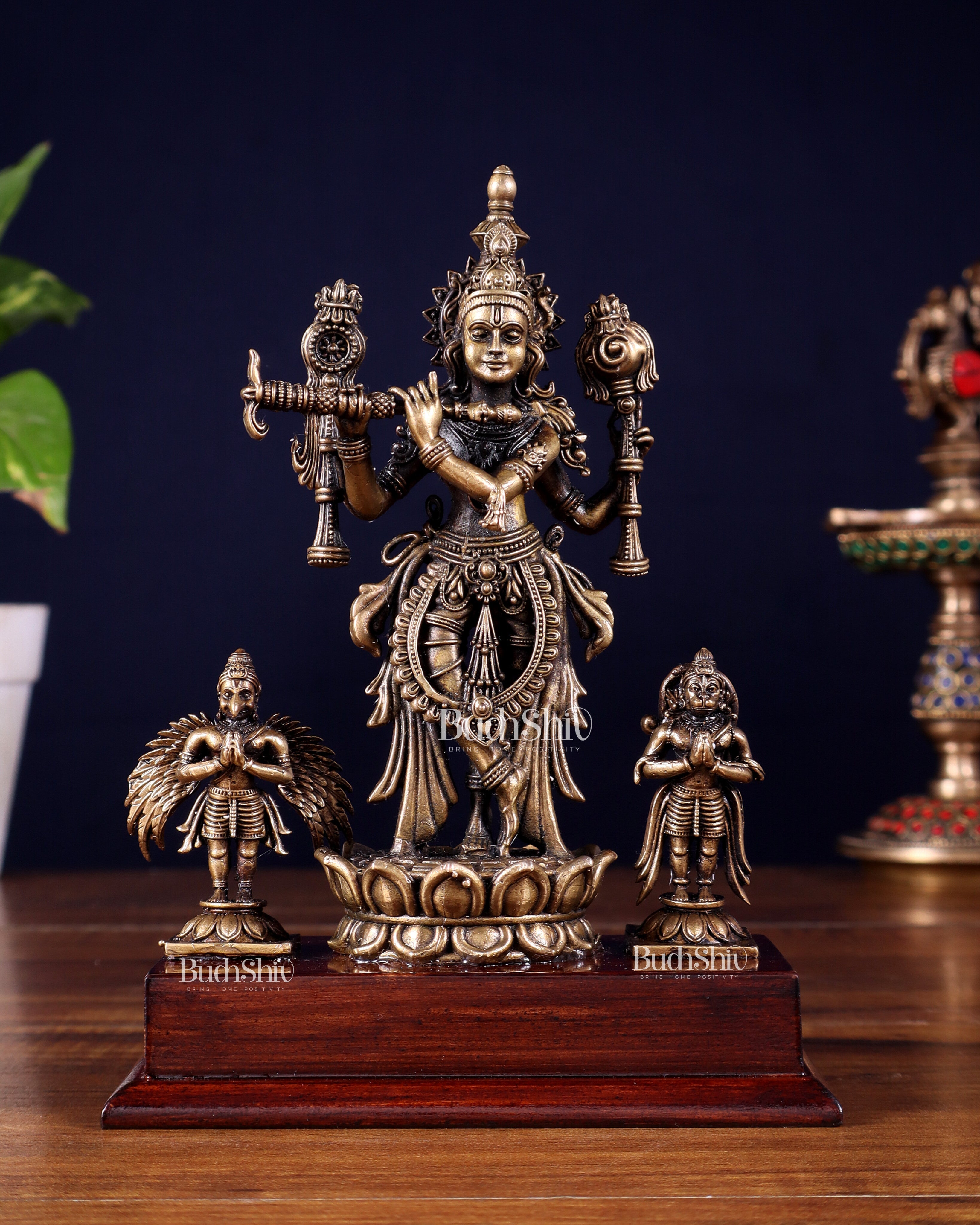 Antique Bronze Vishnu Roopam Krishna with Hanuman & Garuda – 7 Inch