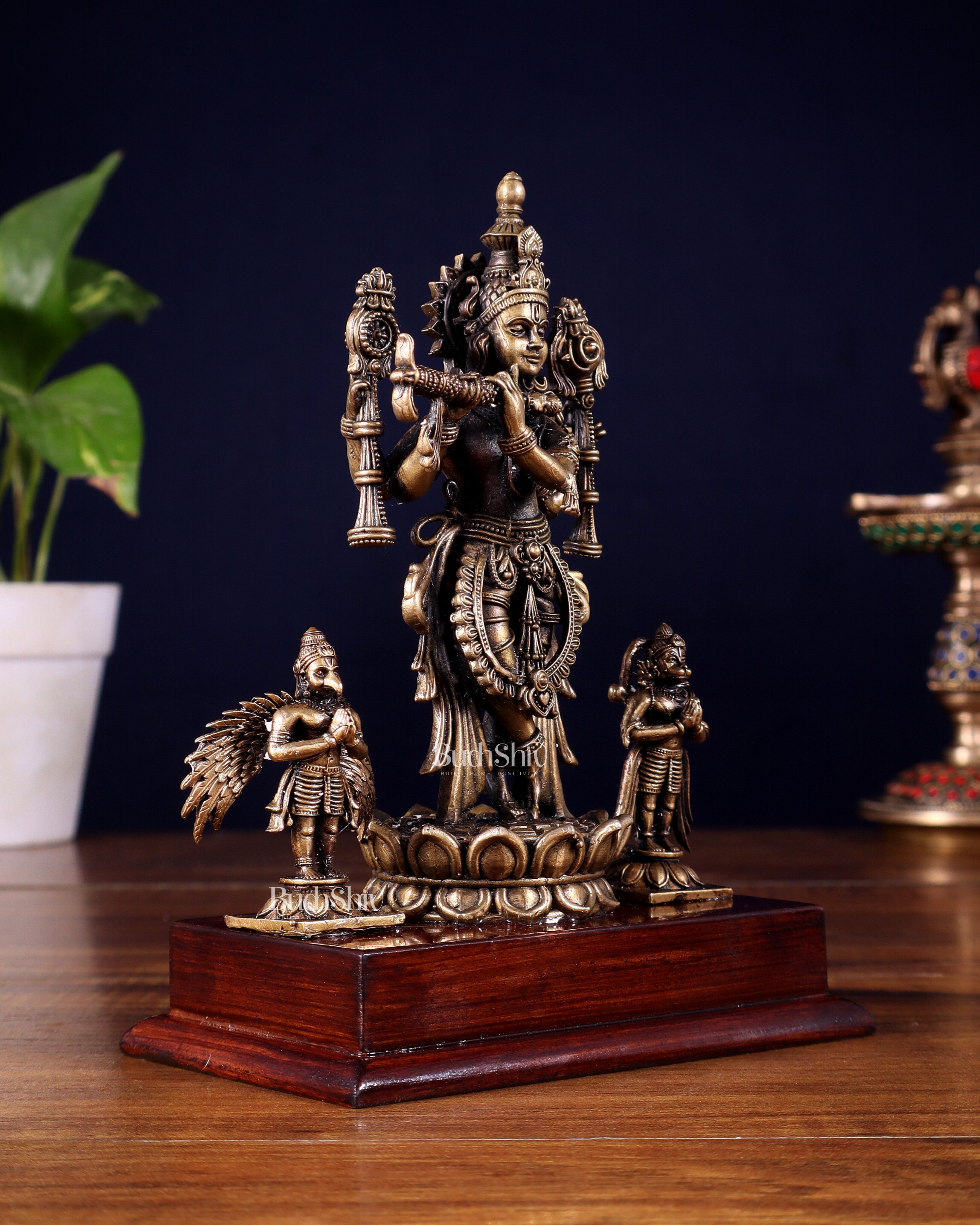 Antique Bronze Vishnu Roopam Krishna with Hanuman & Garuda – 7 Inch