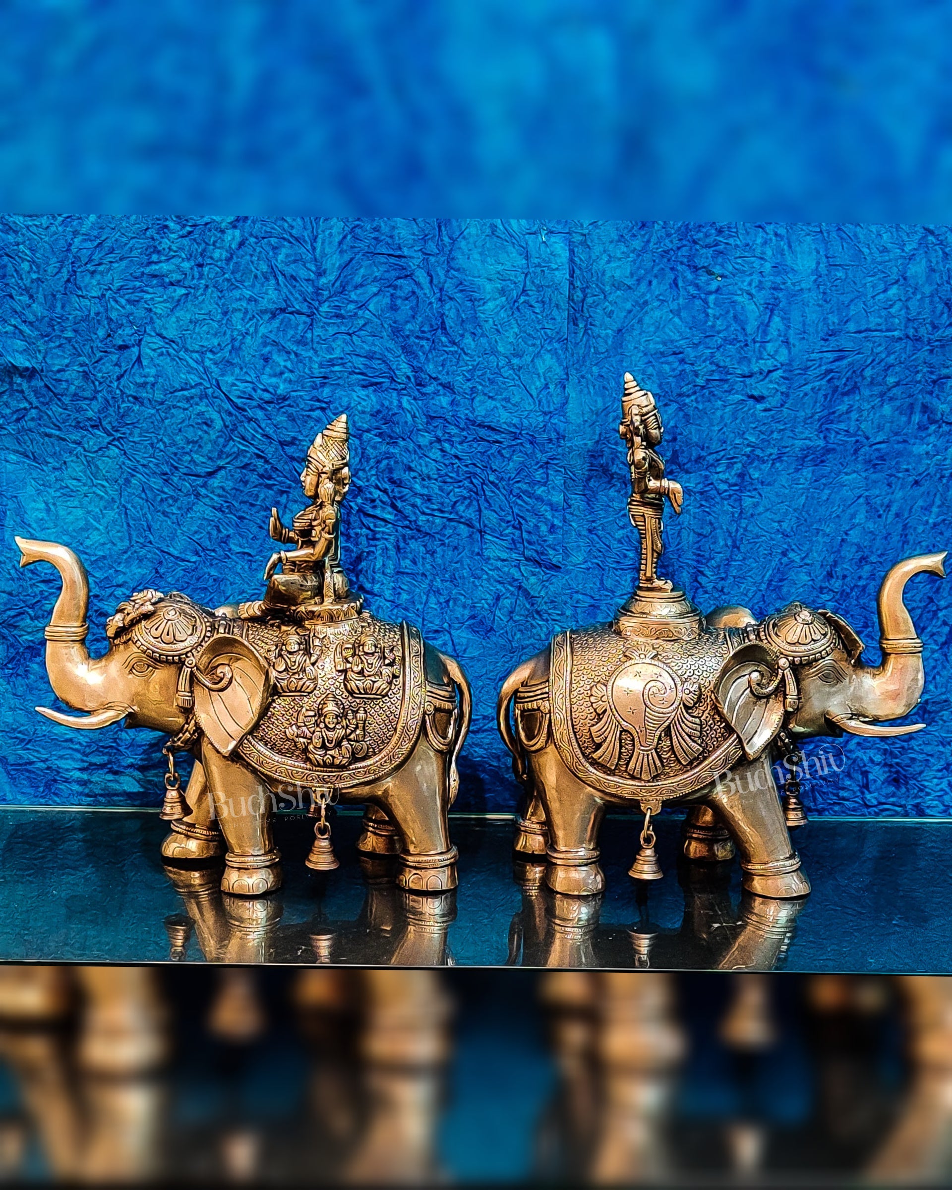 Brass Superfine Pair of Engraved Elephants with Goddess Lakshmi and Lord Tirupati Balaji | Auspicious Home Decor |