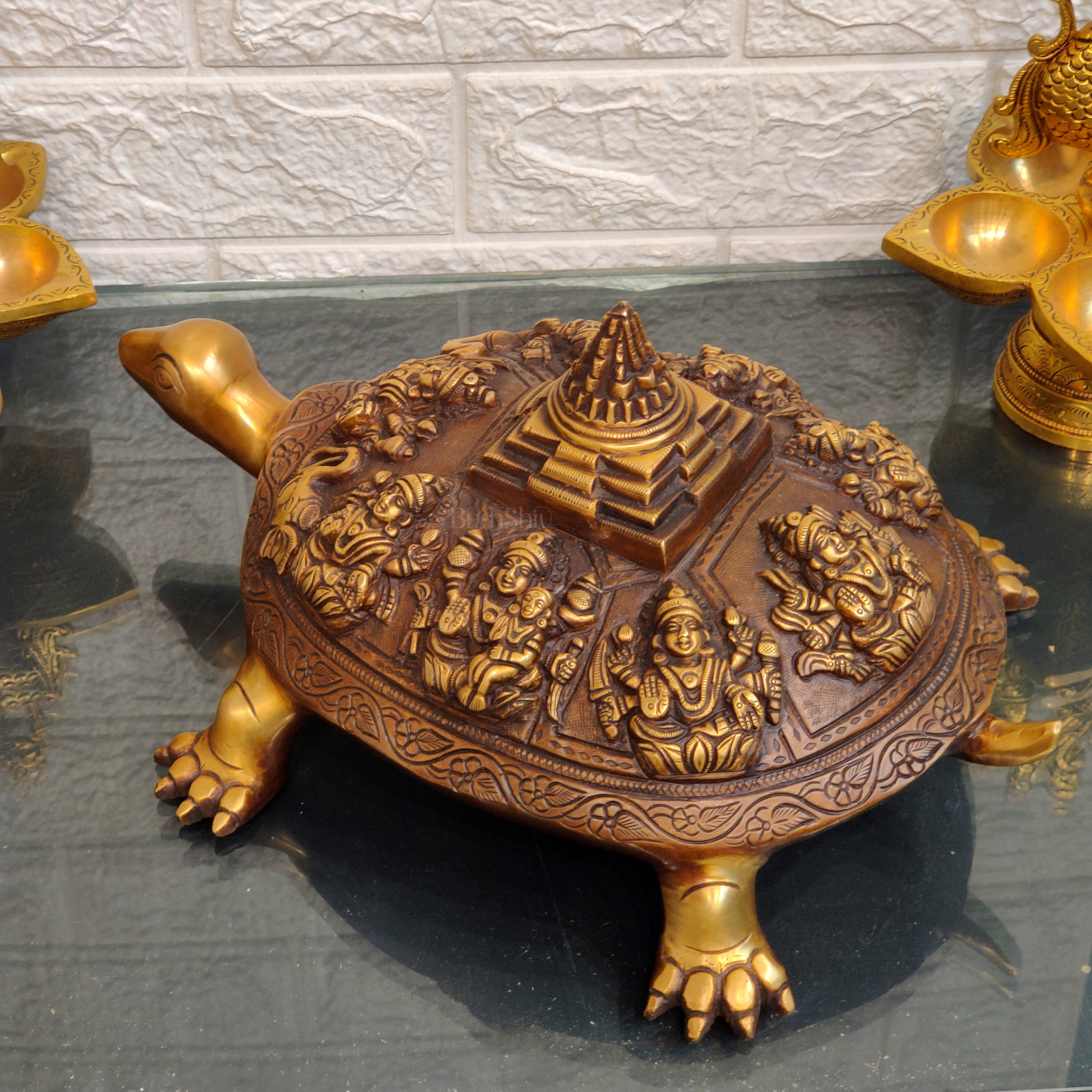 Brass Ashtalakshmi Shree Yantra on Tortoise