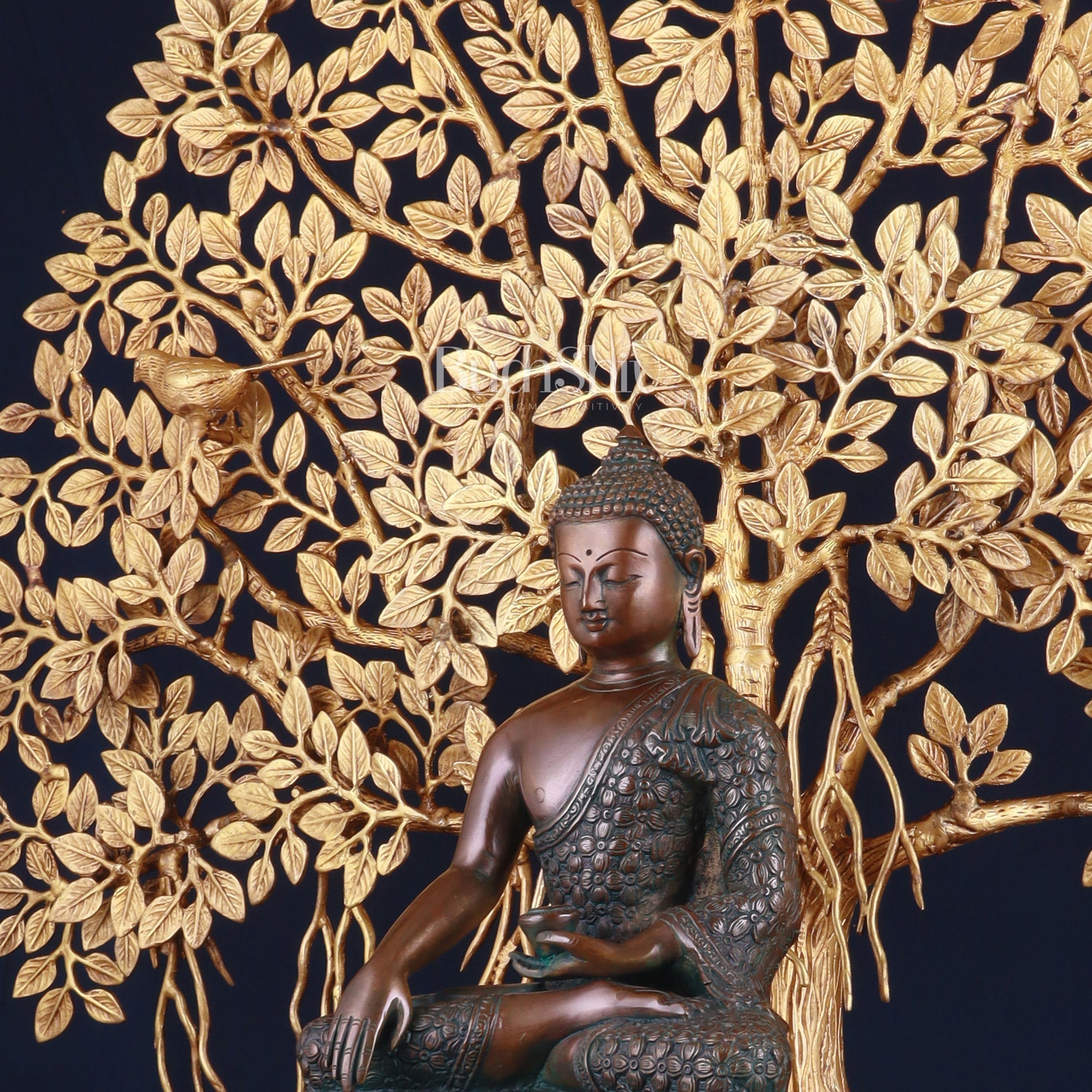 Brass Buddha Blessing Statue & Superfine Kalpavriksha Tree – 29"