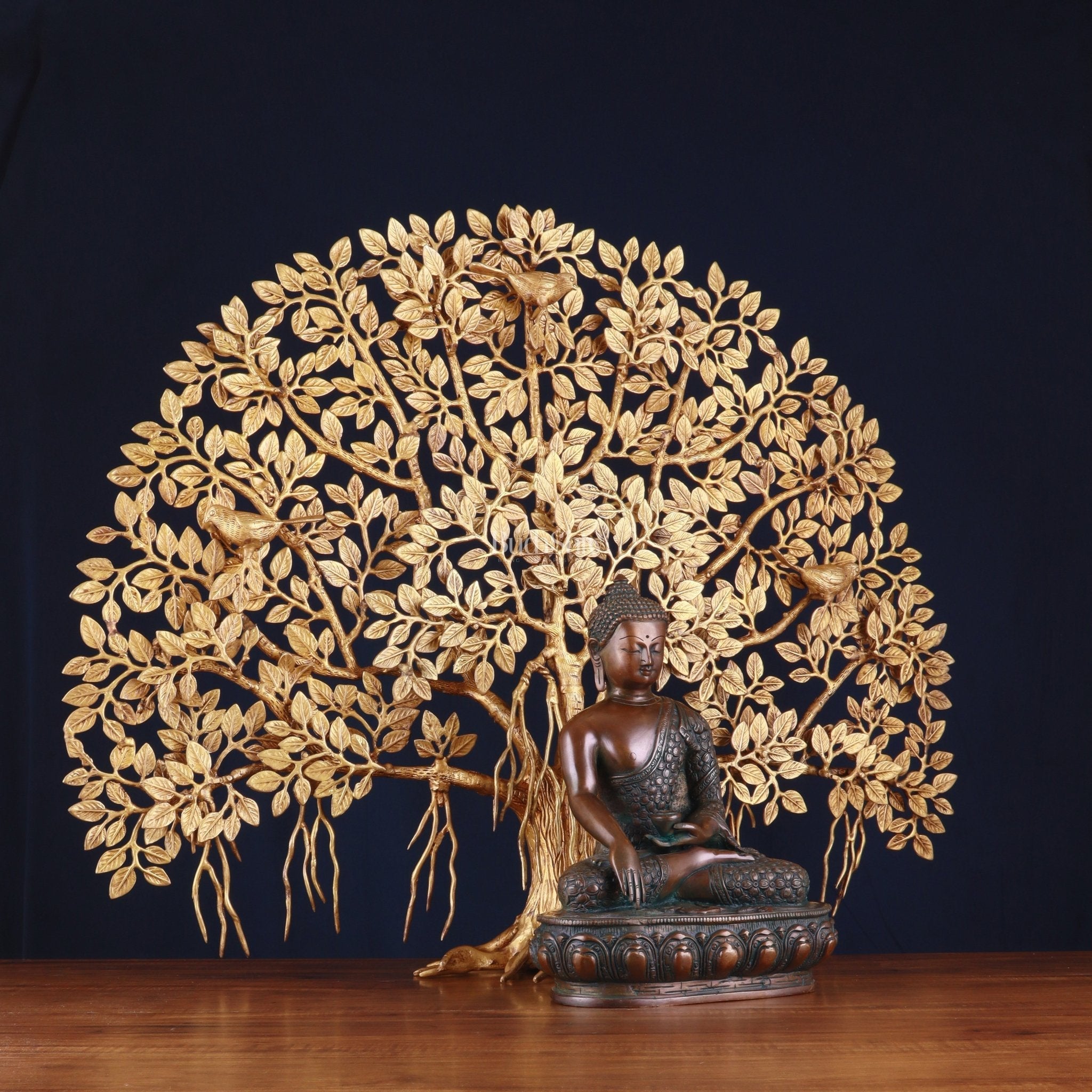 Brass Buddha Blessing Statue & Superfine Kalpavriksha Tree – 29"