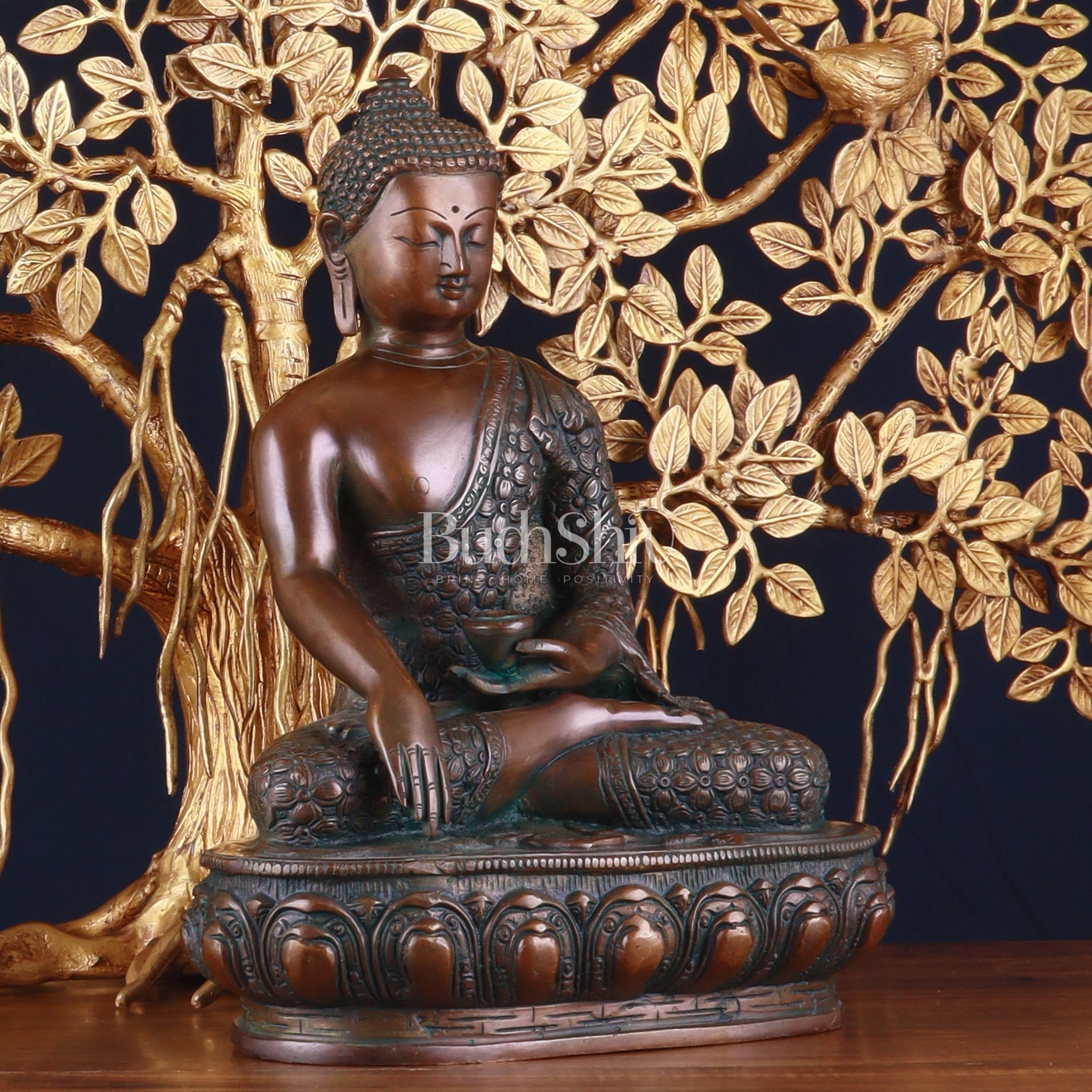 Brass Buddha Blessing Statue & Superfine Kalpavriksha Tree – 29"