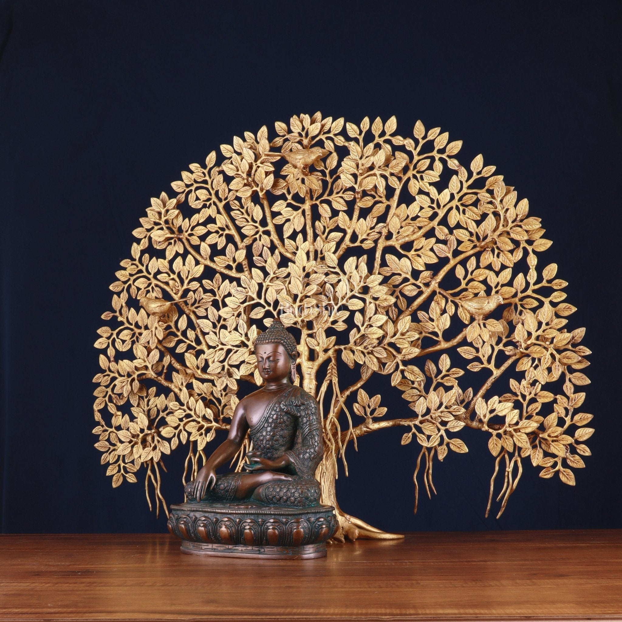 Brass Buddha Blessing Statue & Superfine Kalpavriksha Tree – 29"