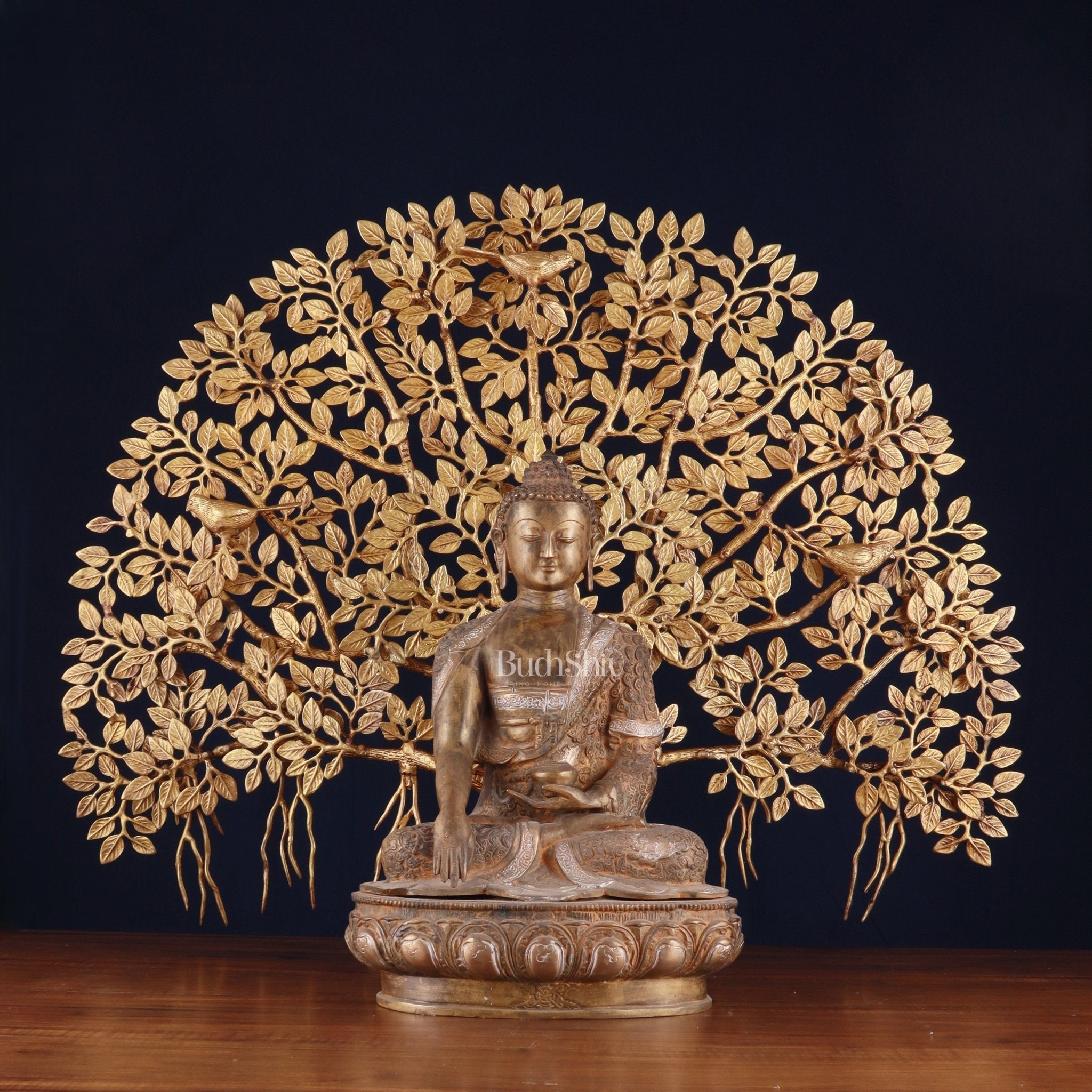 Brass Enlightened Nirvana Buddha Statue & Superfine Kalpavriksha Tree – Spiritual Decor Set