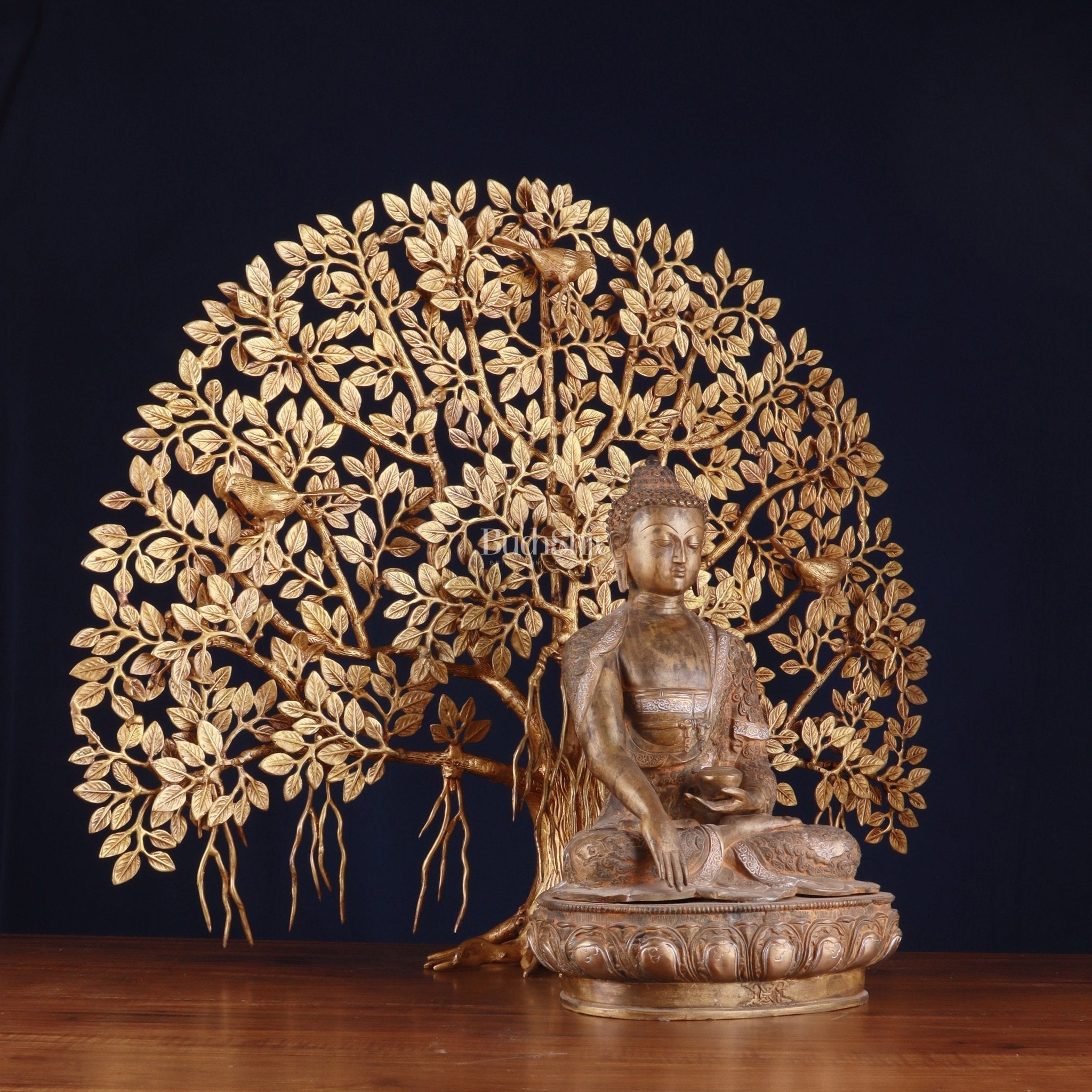 Brass Enlightened Nirvana Buddha Statue & Superfine Kalpavriksha Tree – Spiritual Decor Set
