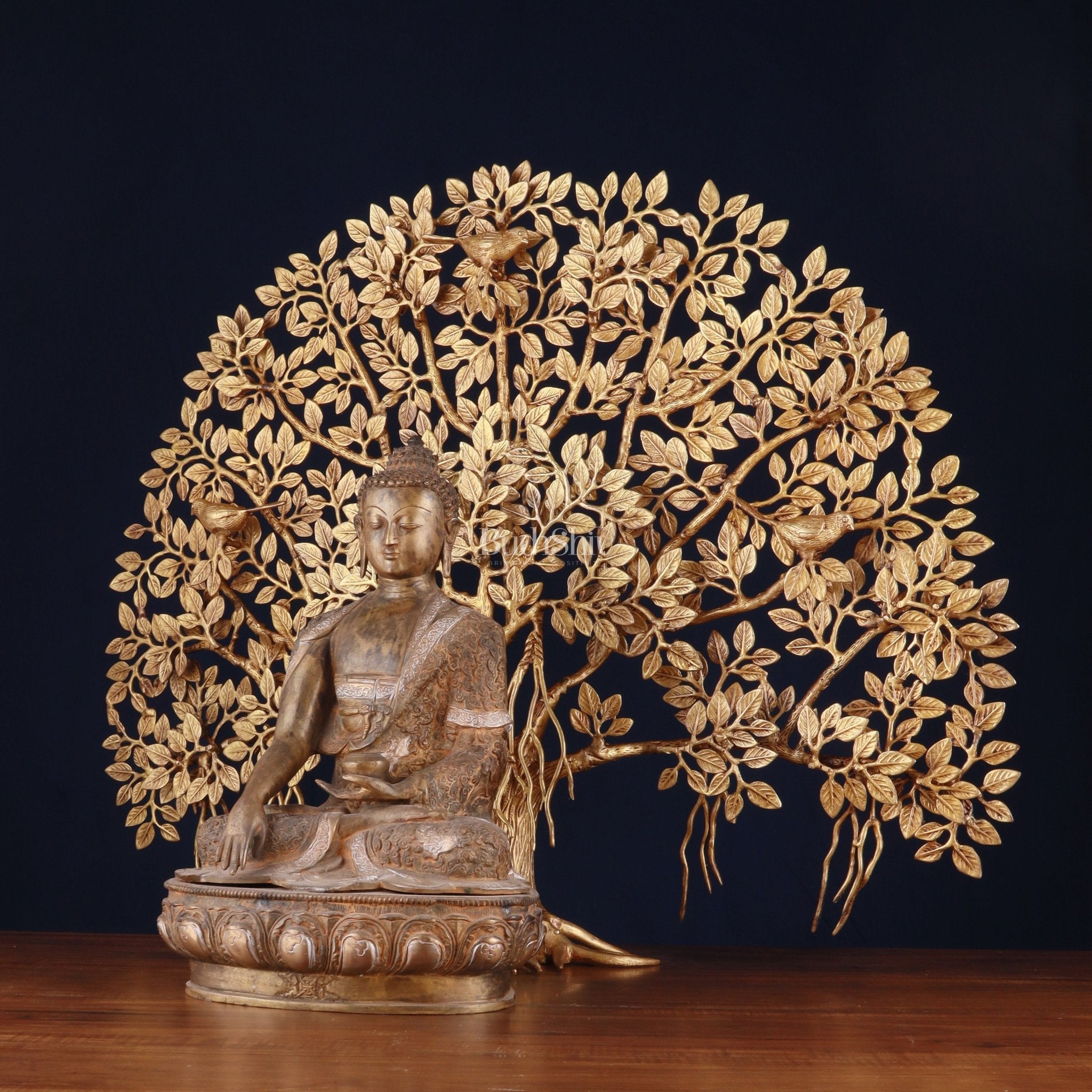 Brass Enlightened Nirvana Buddha Statue & Superfine Kalpavriksha Tree – Spiritual Decor Set