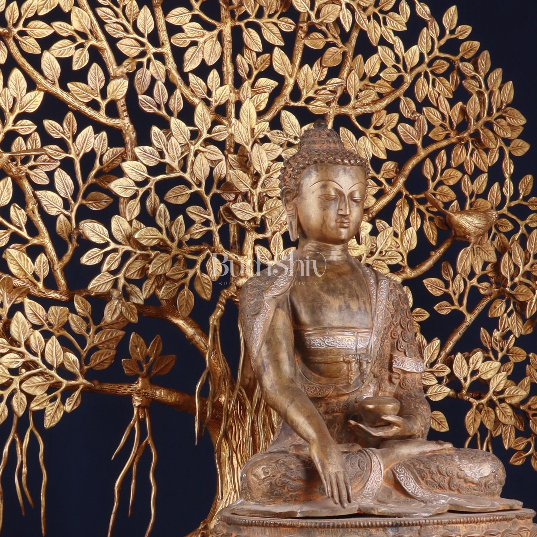 Brass Enlightened Nirvana Buddha Statue & Superfine Kalpavriksha Tree – Spiritual Decor Set
