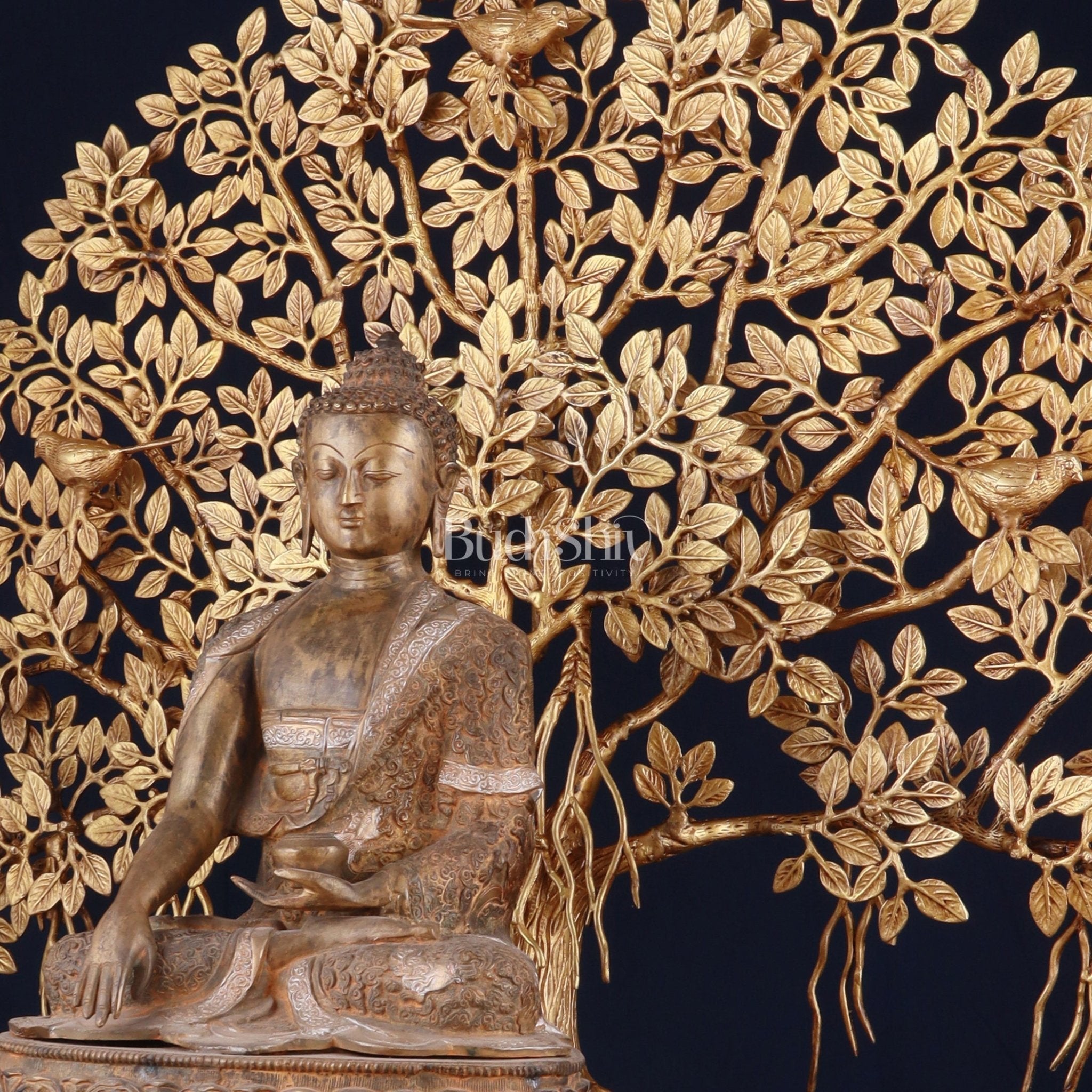 Brass Enlightened Nirvana Buddha Statue & Superfine Kalpavriksha Tree – Spiritual Decor Set