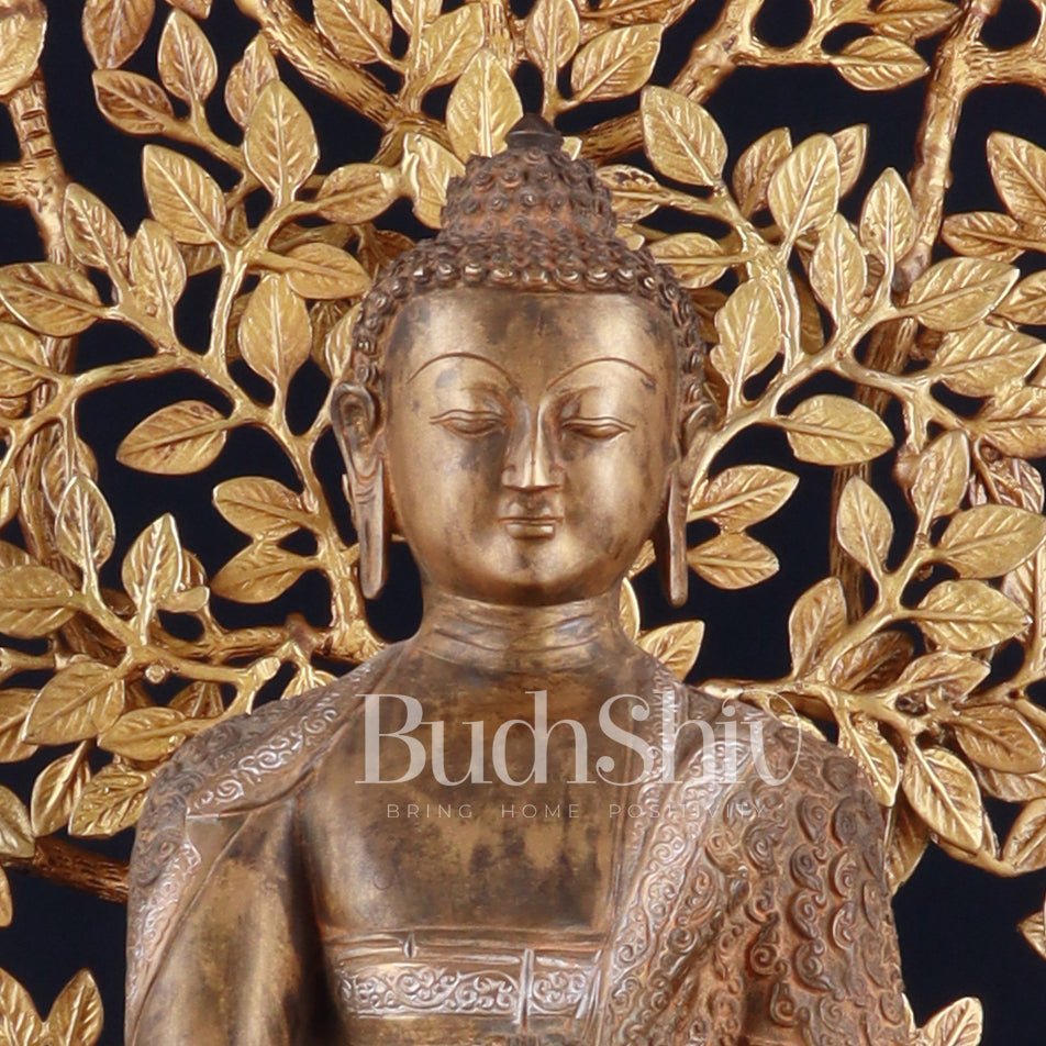 Brass Enlightened Nirvana Buddha Statue & Superfine Kalpavriksha Tree – Spiritual Decor Set