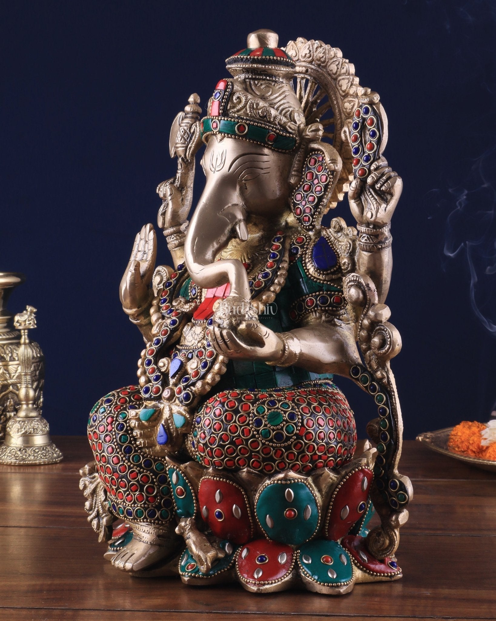 Brass Ganesha Idol with Meenakari Stonework - 12"